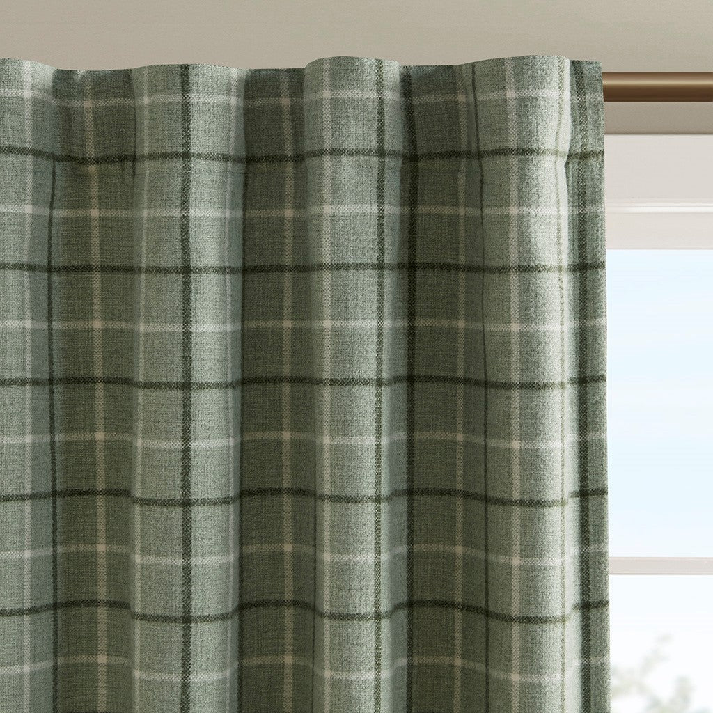 Plaid Rod Pocket and Back Tab Curtain Panel with Fleece Lining Green 50x84