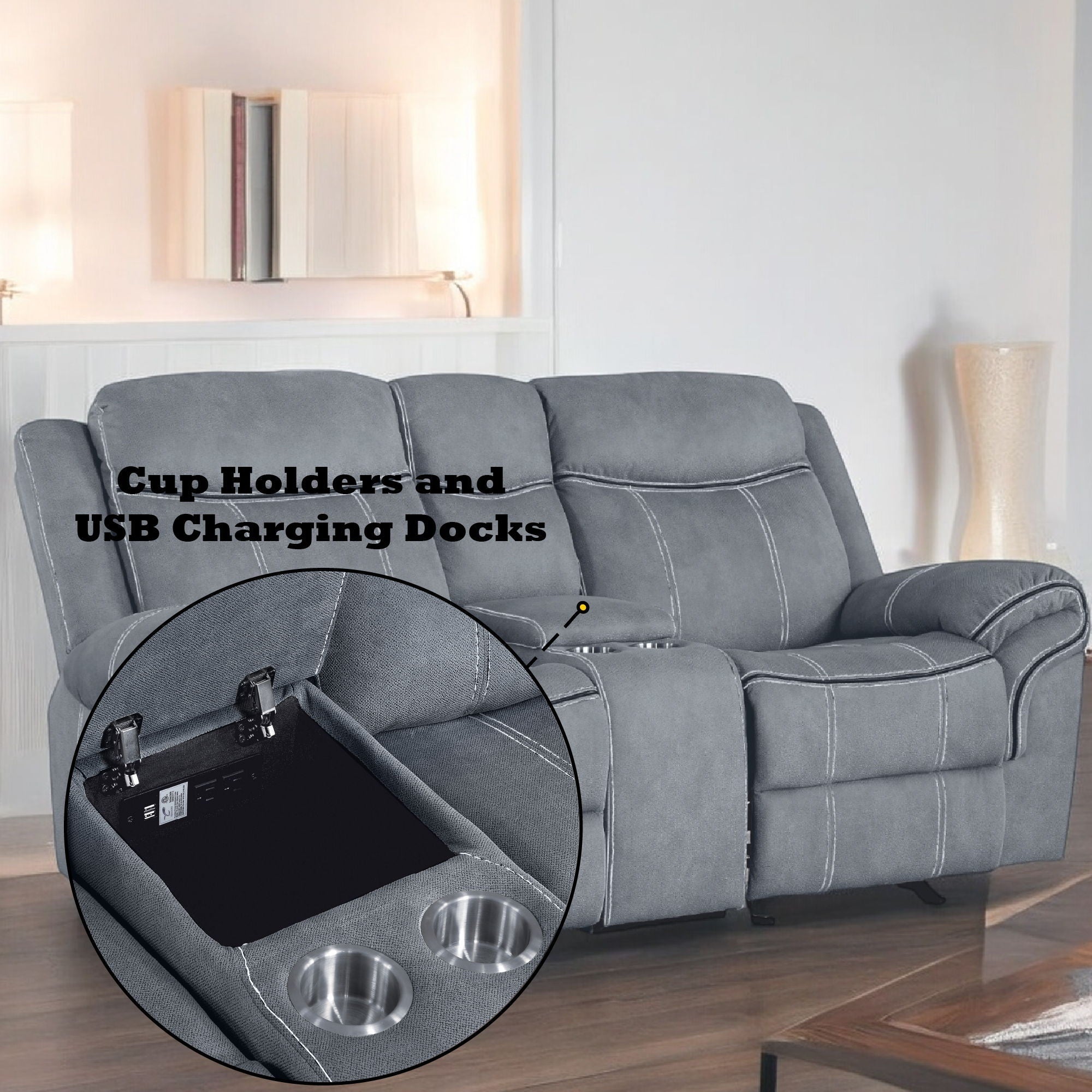 Zubaida Two Tone Recliner Loveseat with USB Port Console