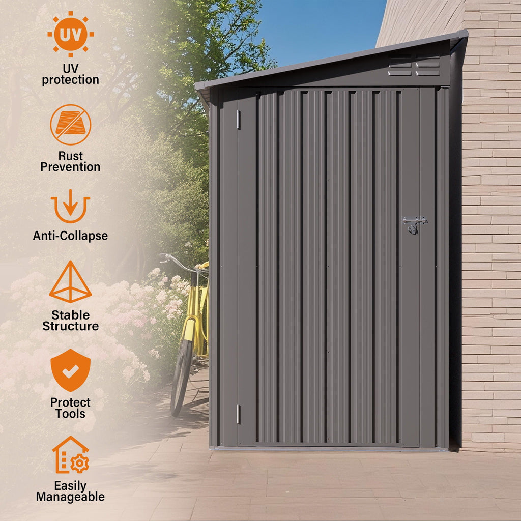 Lean To Shed With Windows, Tool House With Sloping Roof With 2 Vents And 1 Side Open Door For Backyard - Gray
