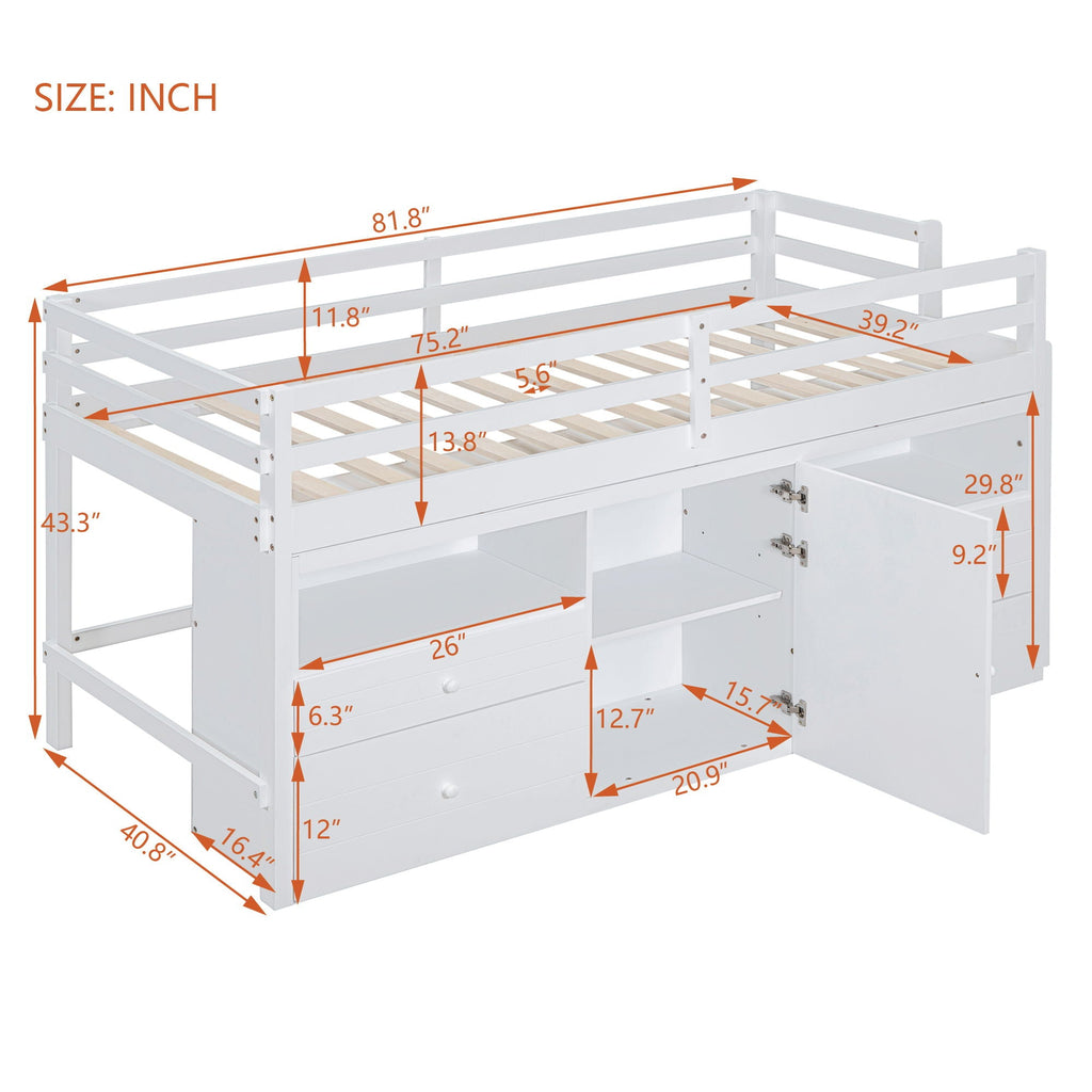 Loft Bed With 4 Drawers, Underneath Cabinet And Shelves