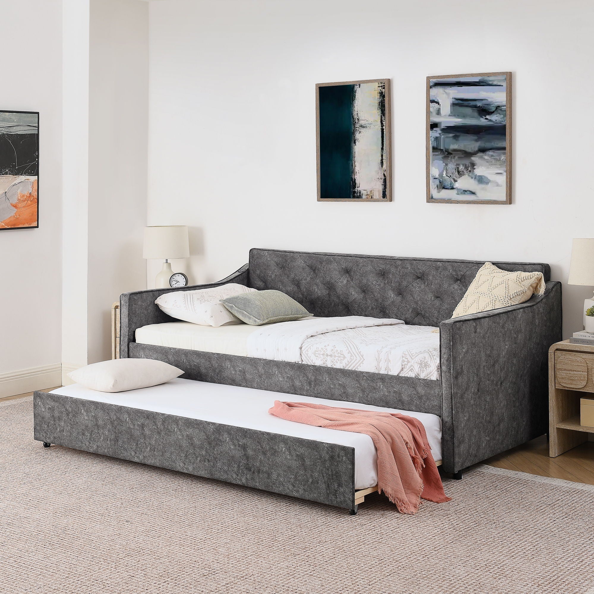Daybed With Pop Up Trundle And USB Charging Armrest