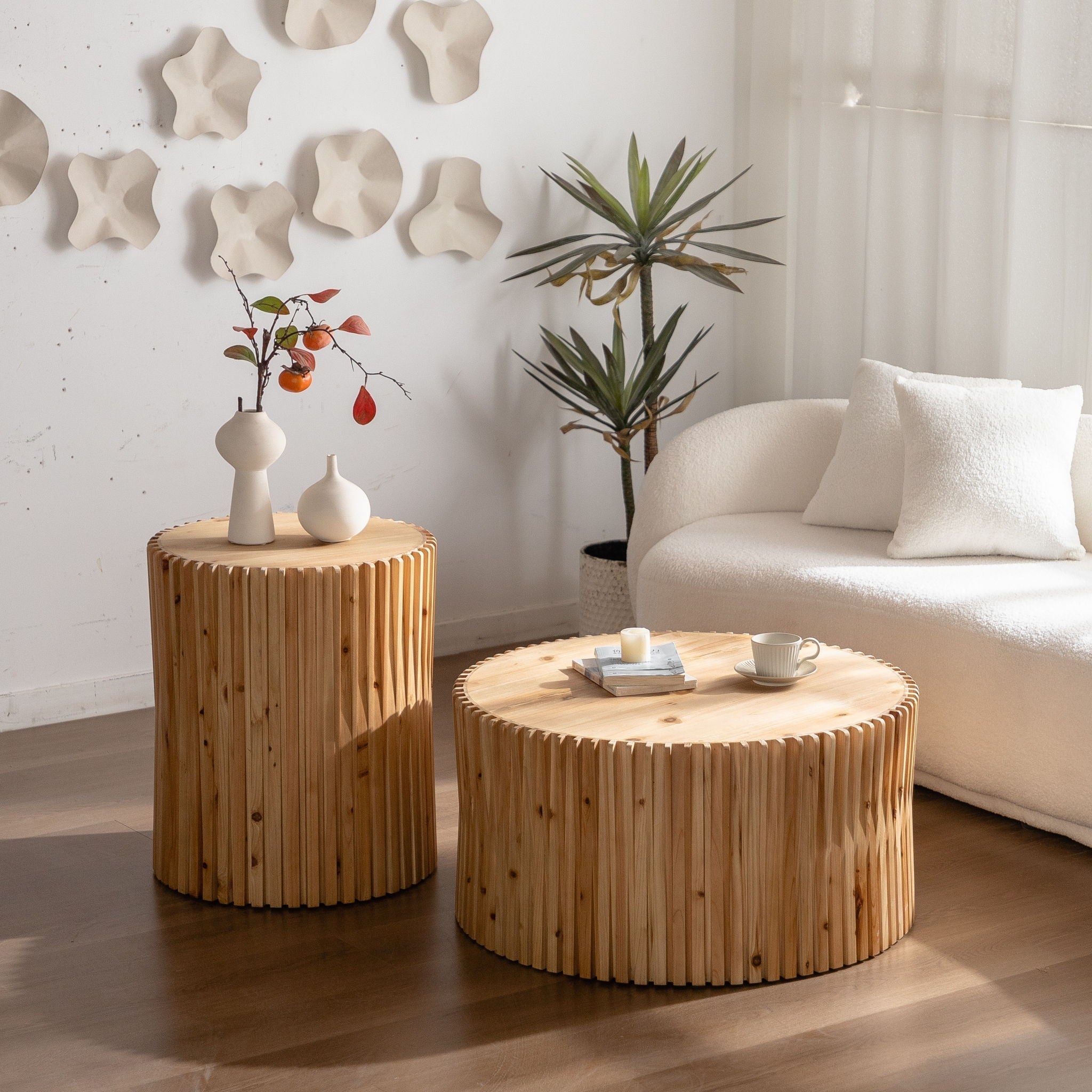 Cylindrical Coffee Table With Vertical Texture Relief For Living Room (Set of 2) - Natural