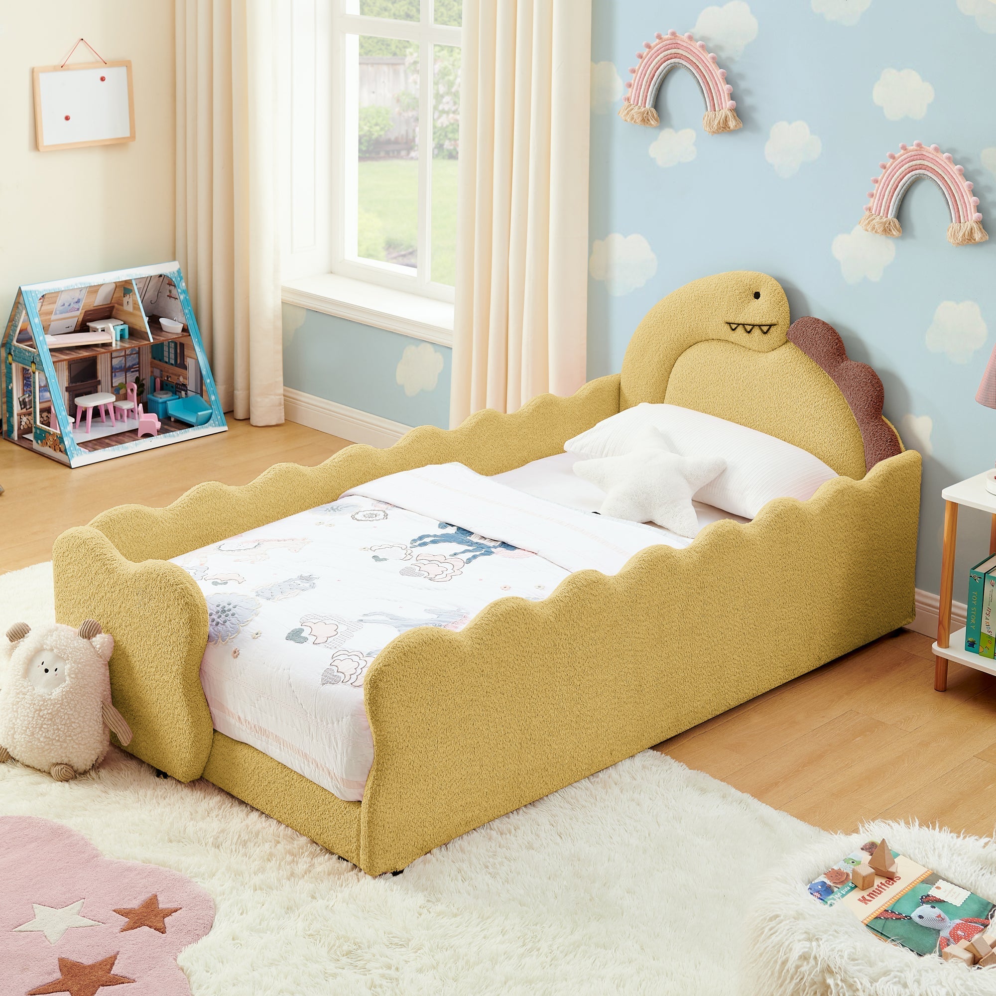 Twin Size Dinosaur-Shaped Kids Bed with Safety Guardrails