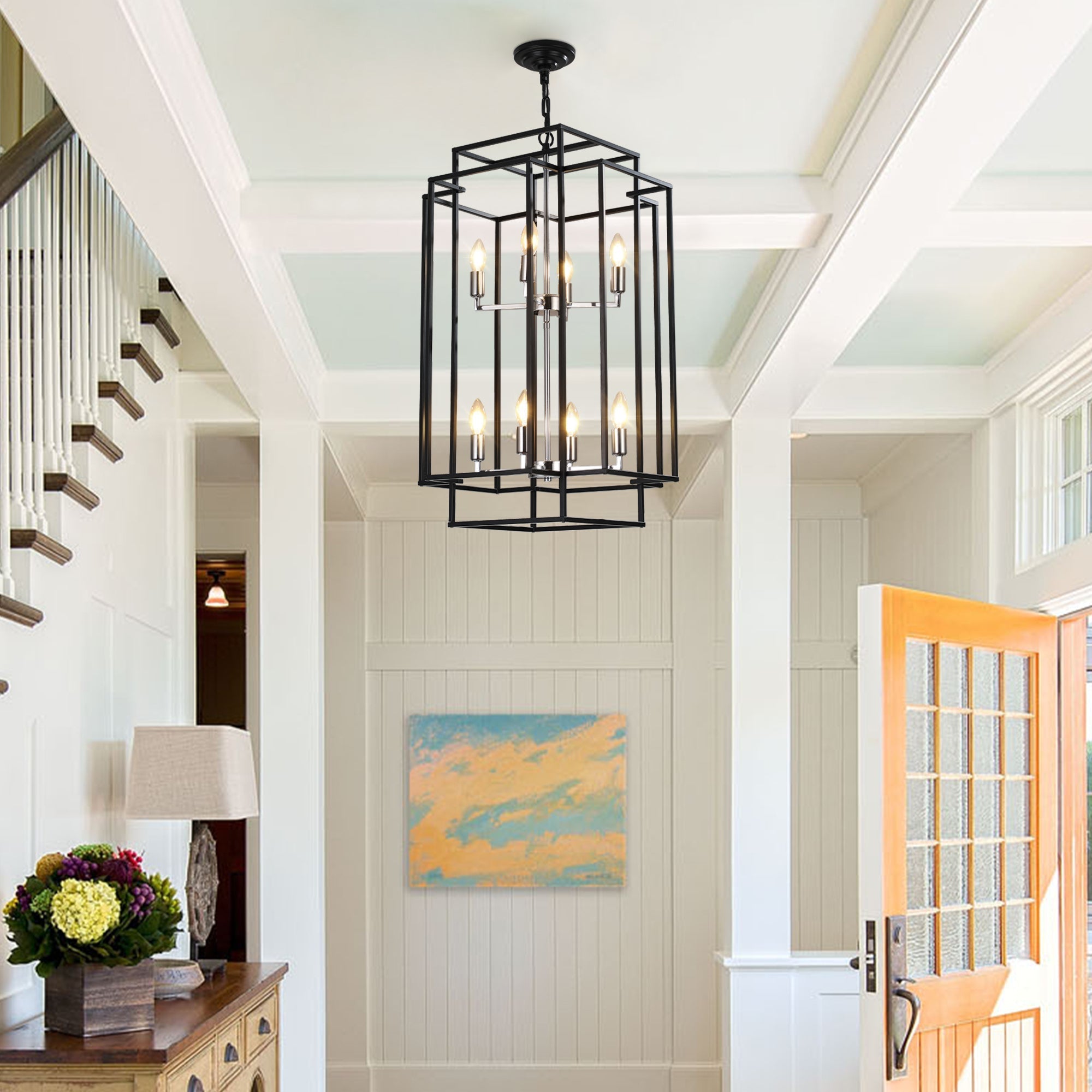 18' Modern 8-Light Black & Chrome Geometric Pendant Chandelier