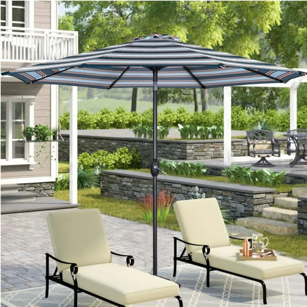 Patio Umbrella With Crank Lift & Push Button Tilt Frame, 200G / Sqm Solution Dyed Canopy - Blue Multi / Brown