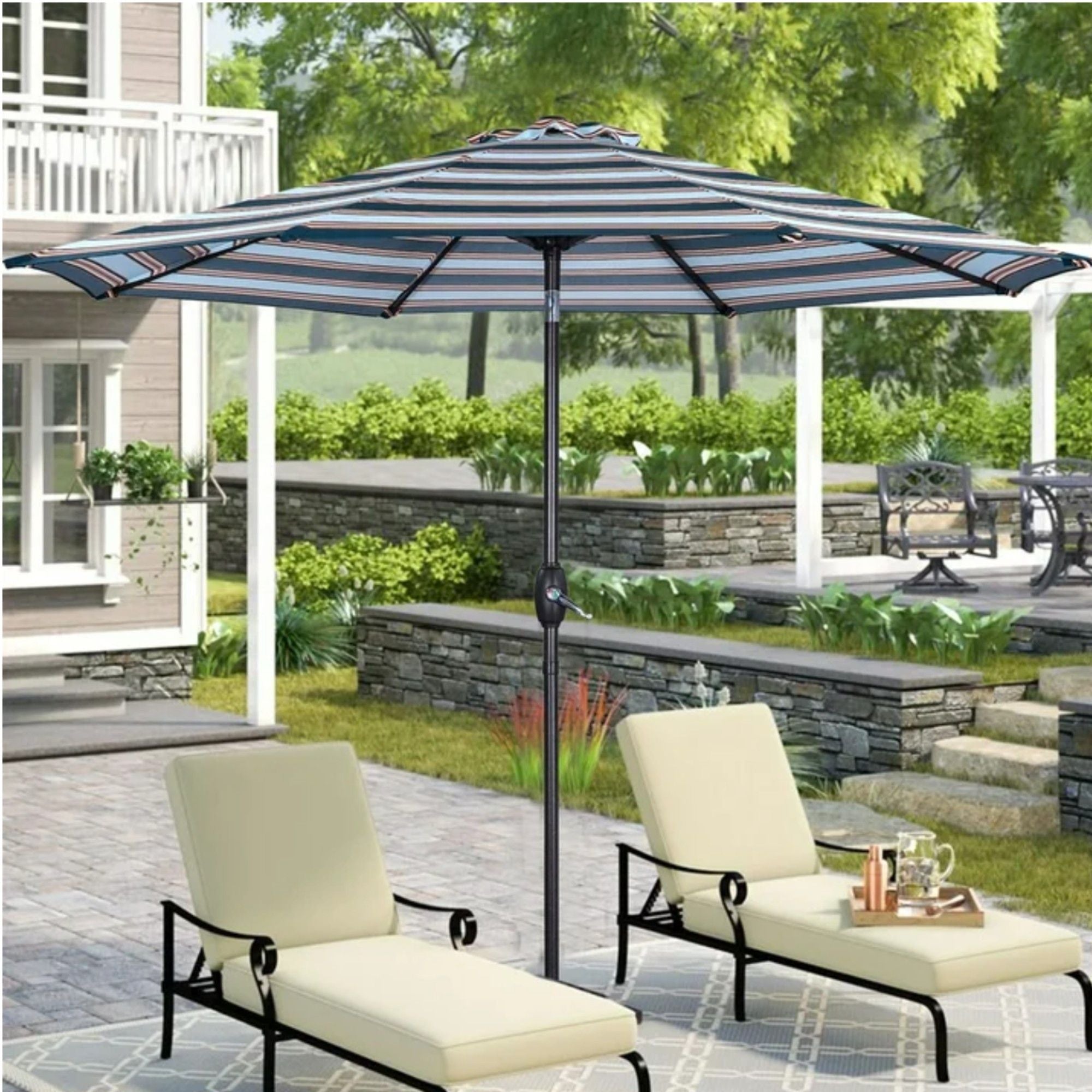 Patio Umbrella With Crank Lift & Push Button Tilt Frame, 200G / Sqm Solution Dyed Canopy - Blue Multi / Brown