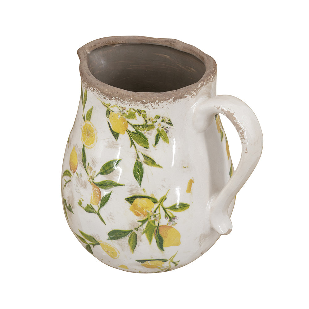 7.9x6.5x7.9' White Ceramic Pitcher Vase with Yellow Lemon Motif