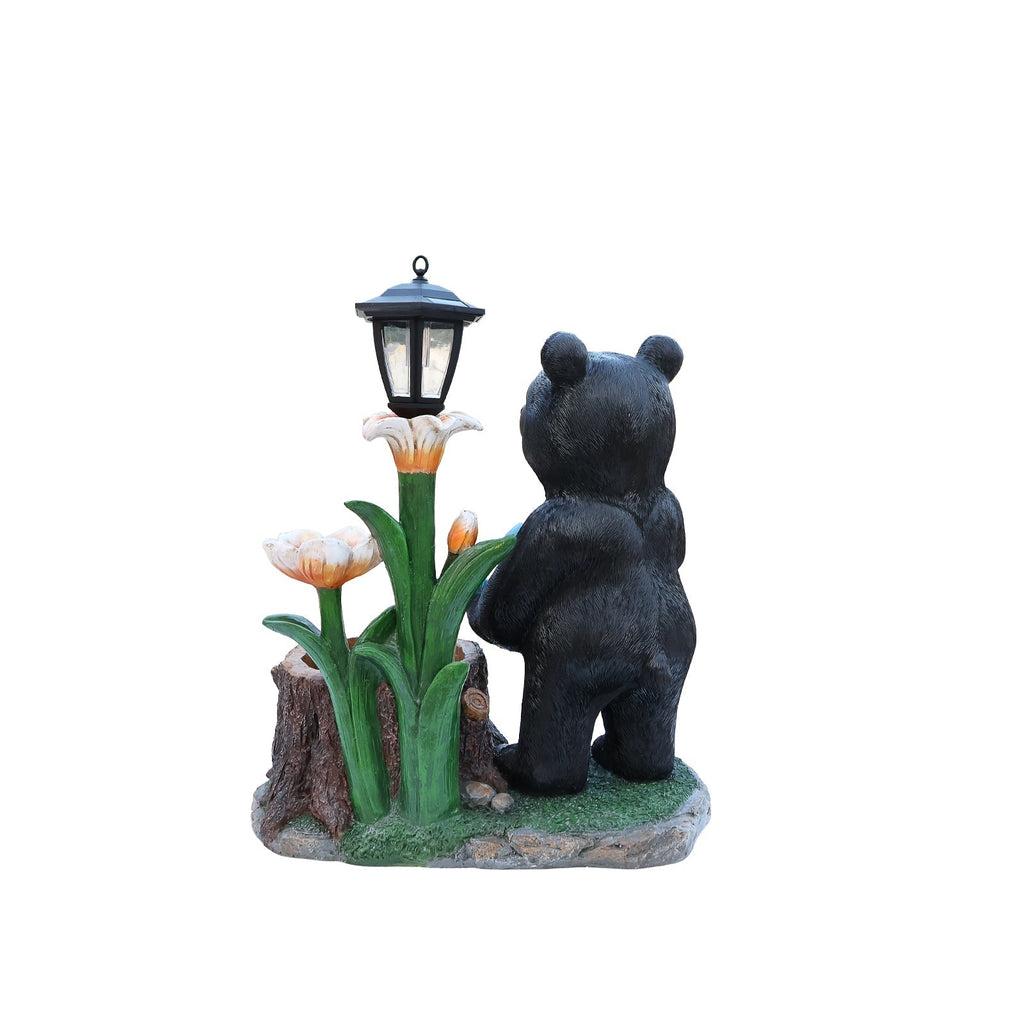 Standing Black Bear Garden Planter with Decorative Solar Lantern