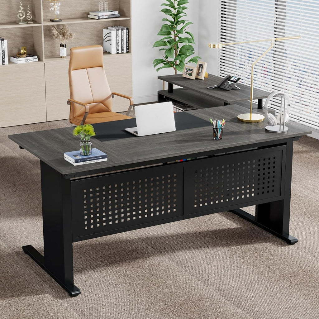 L-Shaped Executive Desk With File Cabinet, Office Workstation With Drawers, Shelves & Storage