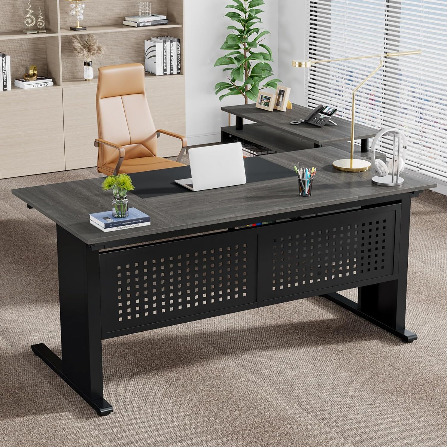 L-Shaped Executive Desk With File Cabinet, Office Workstation With Drawers, Shelves & Storage