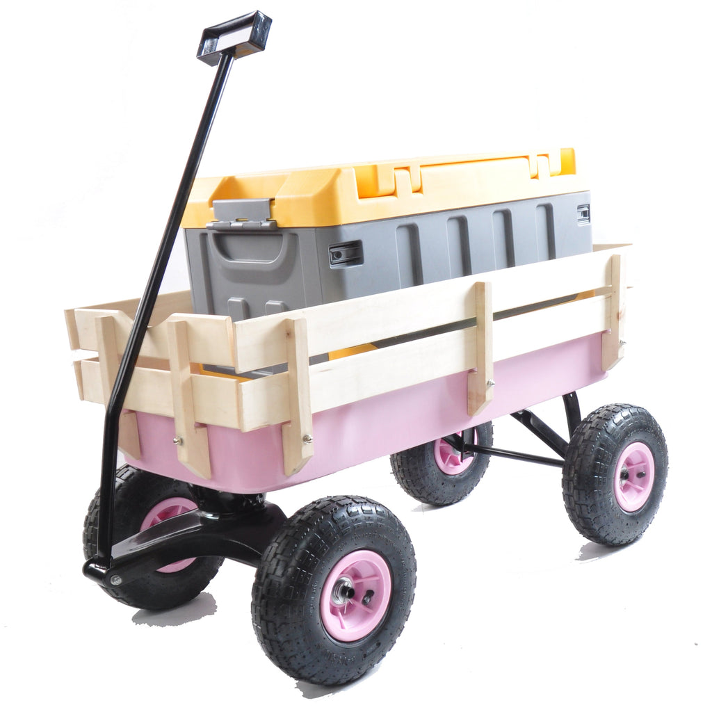 Outdoor All Terrain Garden Wagon with Wooden Railings and Pneumatic Tires