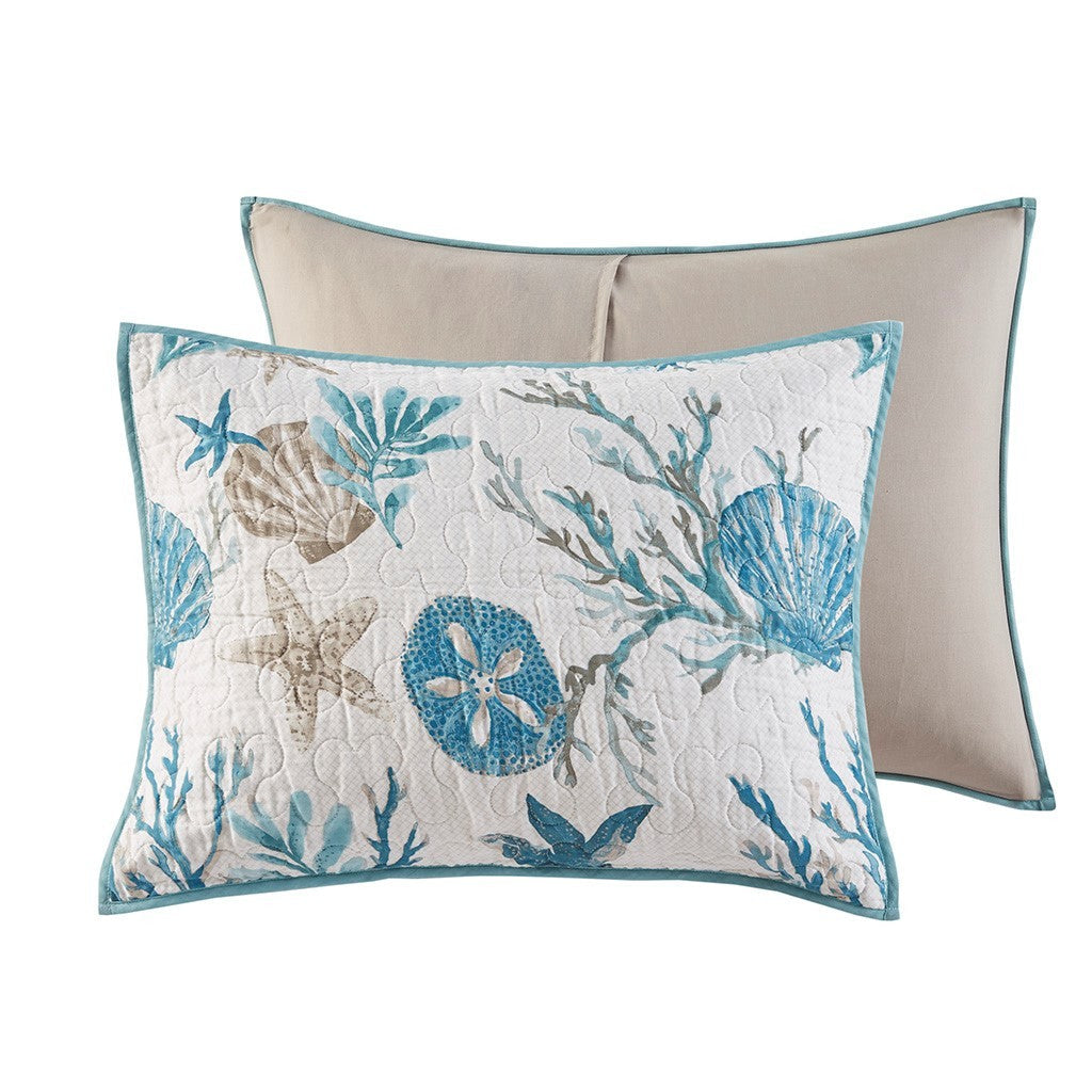 6 Piece Cotton Sateen Quilt Set with Throw Pillows Aqua Full/Queen