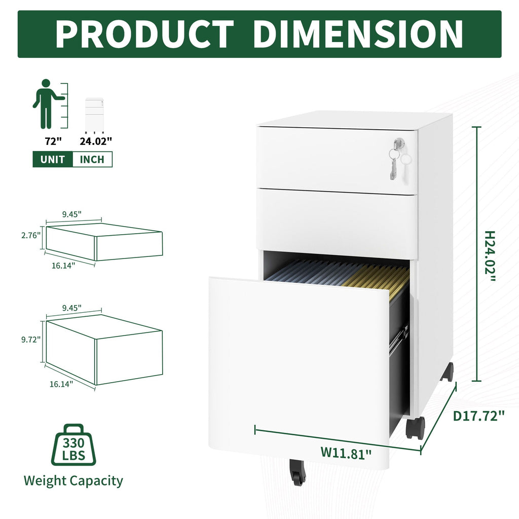 3-Drawer Mobile File Cabinet With Lock, On Wheels - White