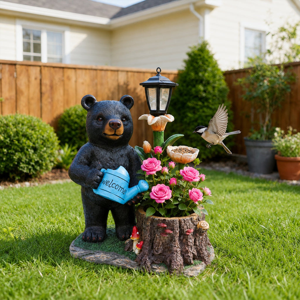 Standing Black Bear Garden Planter with Decorative Solar Lantern