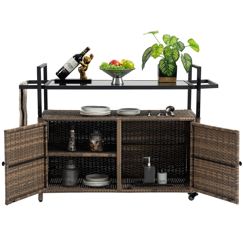 Outdoor Wicker Bar Cart with Glass Top and Wheels