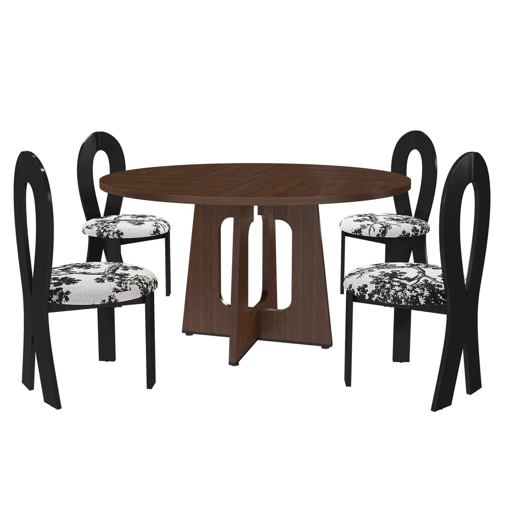 Round Dining Table For 4 With 4 Upholstered Chairs - Walnut / Black
