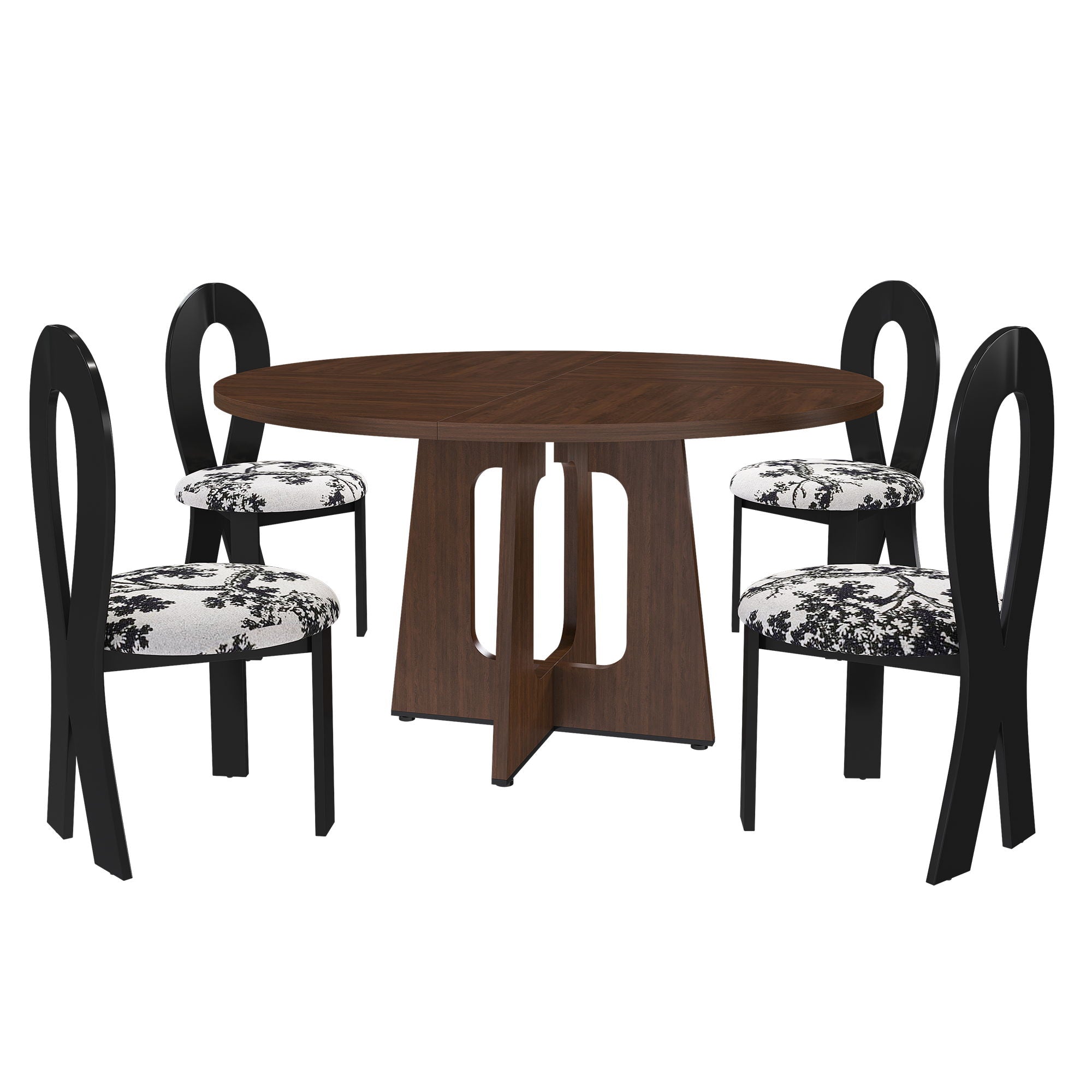 Round Dining Table For 4 With 4 Upholstered Chairs - Walnut / Black