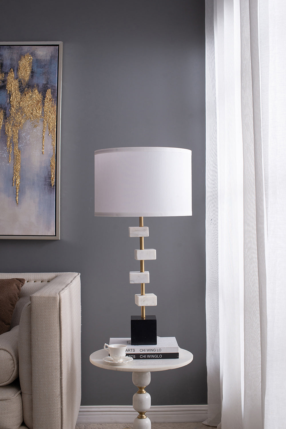 D15x30' Table Lamp with White Marble and Brass Frame