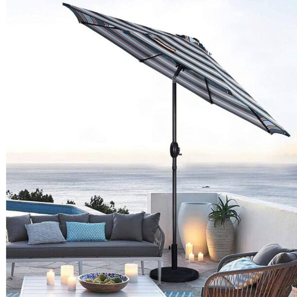 Patio Umbrella With Crank Lift & Push Button Tilt Frame, 200G / Sqm Solution Dyed Canopy - Blue Multi / Brown