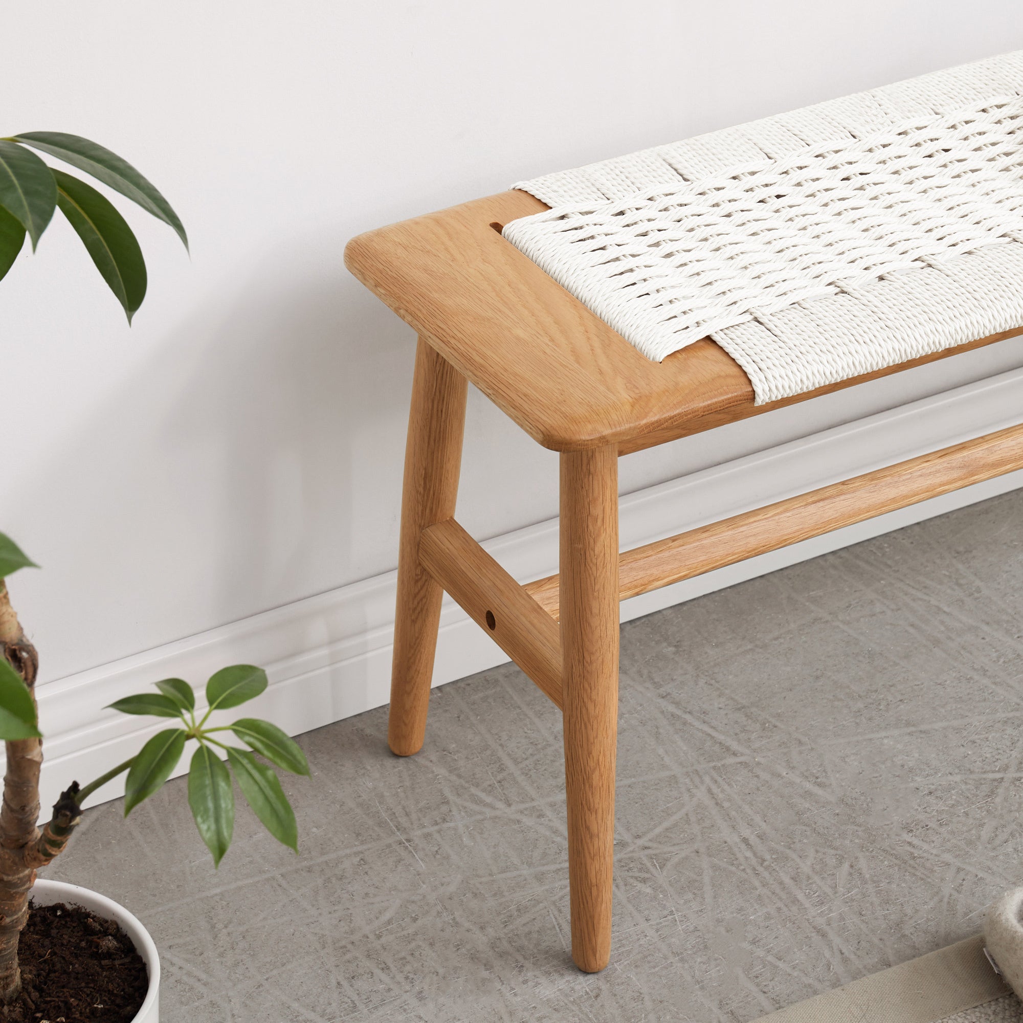 Design Natural Oak Wood Dining Bench with Handwoven Cane Seat in White