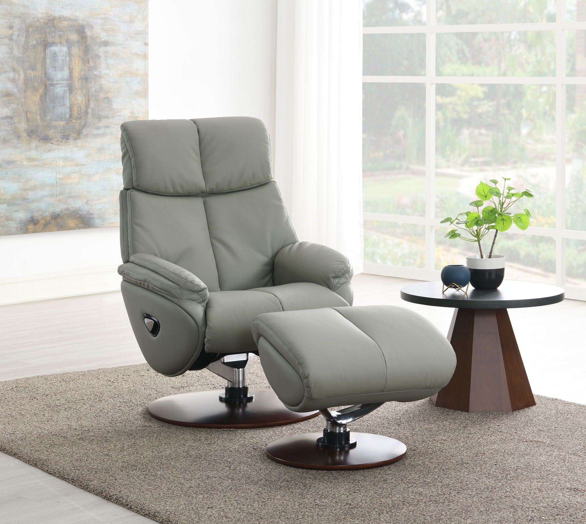Kandoro Top Grain Leather Accent Chair With Swivel & Ottoman - Gray