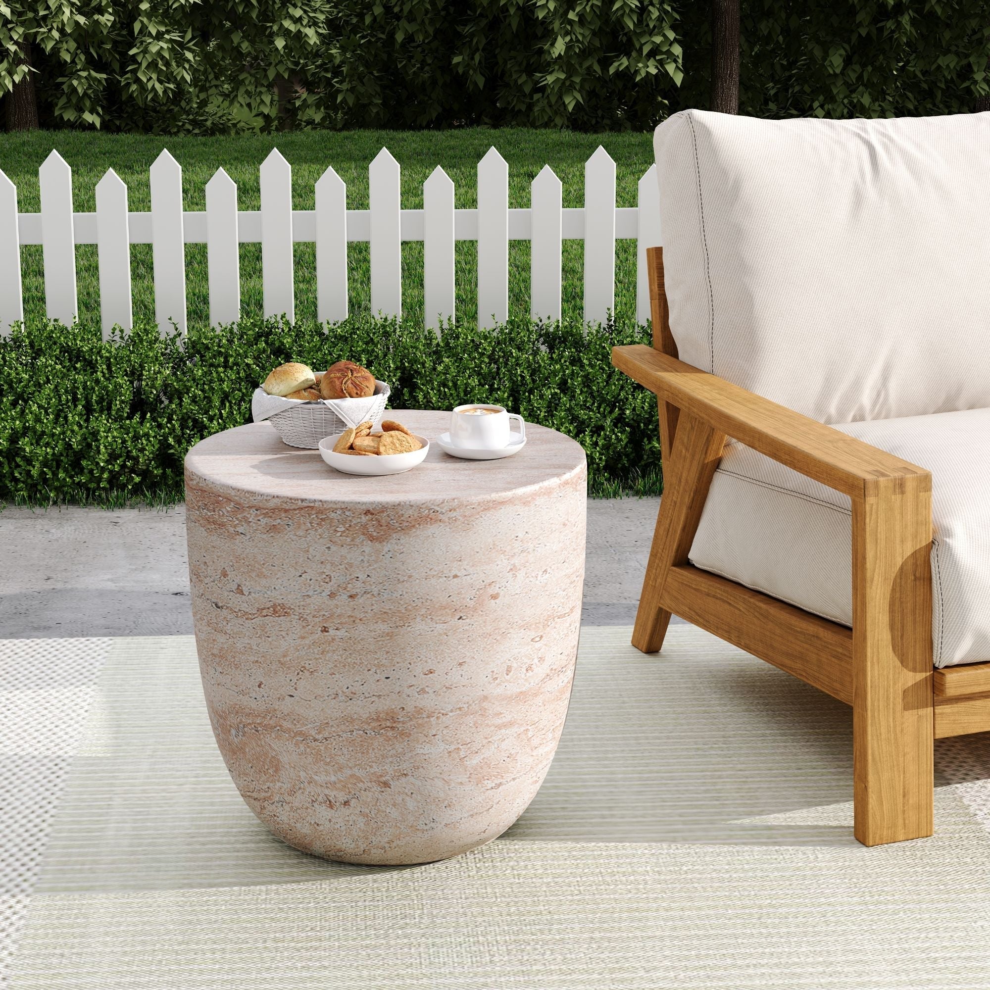 Outdoor / Indoor Lightweight Concrete Side Table With Travertine - Beige