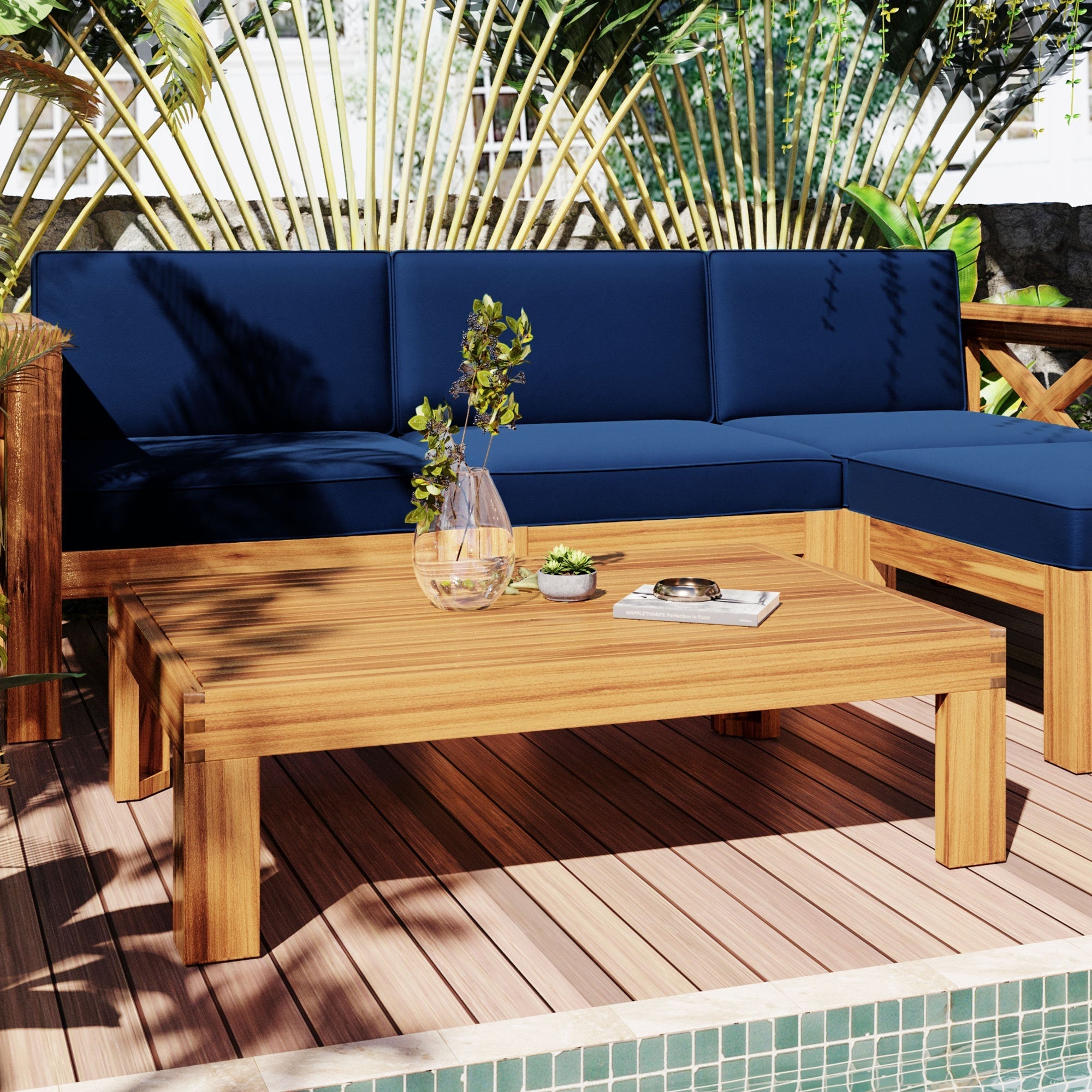 TOPMAX Outdoor 5-Piece Wood Sectional Patio Sofa Set with Blue Cushions