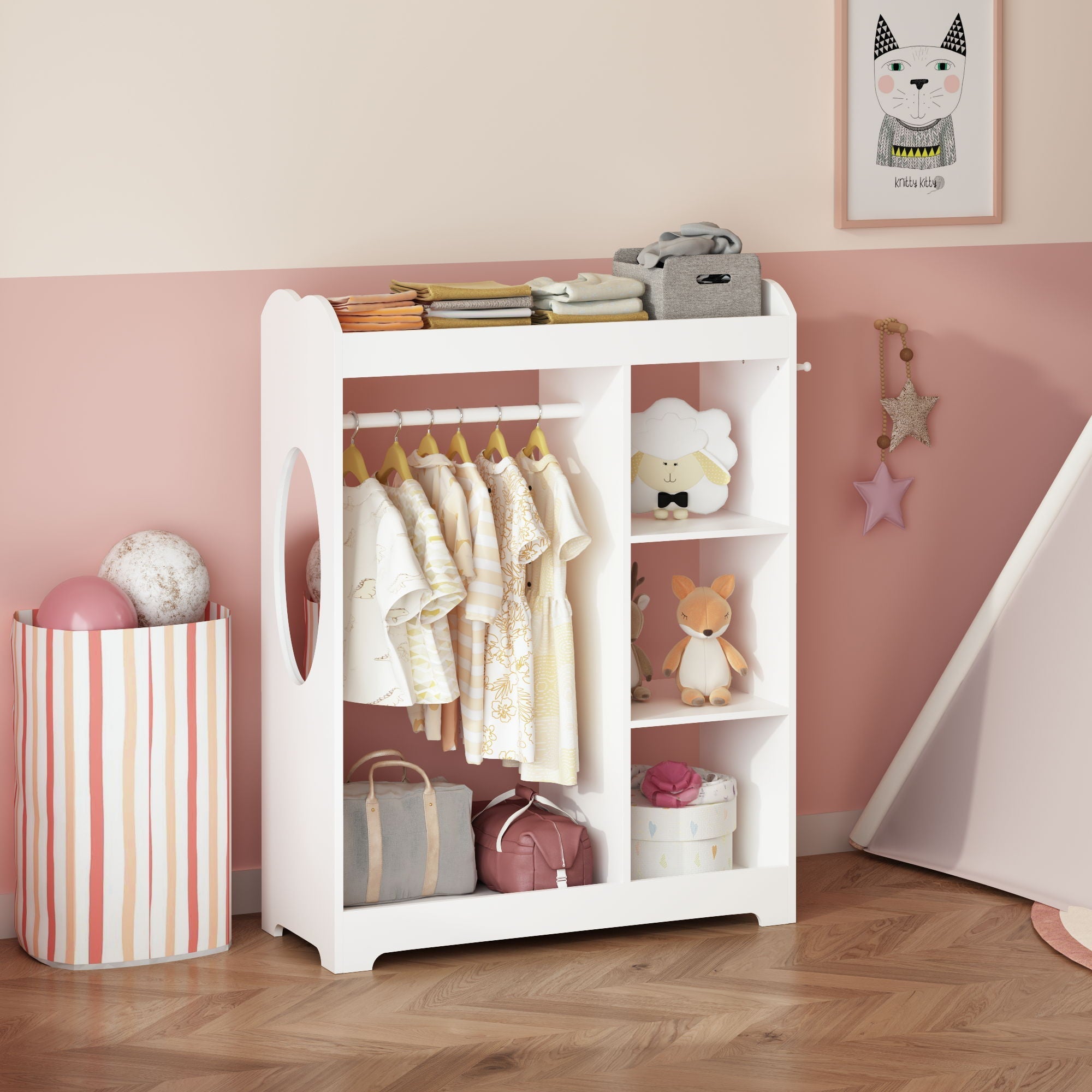 Dress Up Storage With Mirror and Hooks, Clothes Rack With Hanging Rod