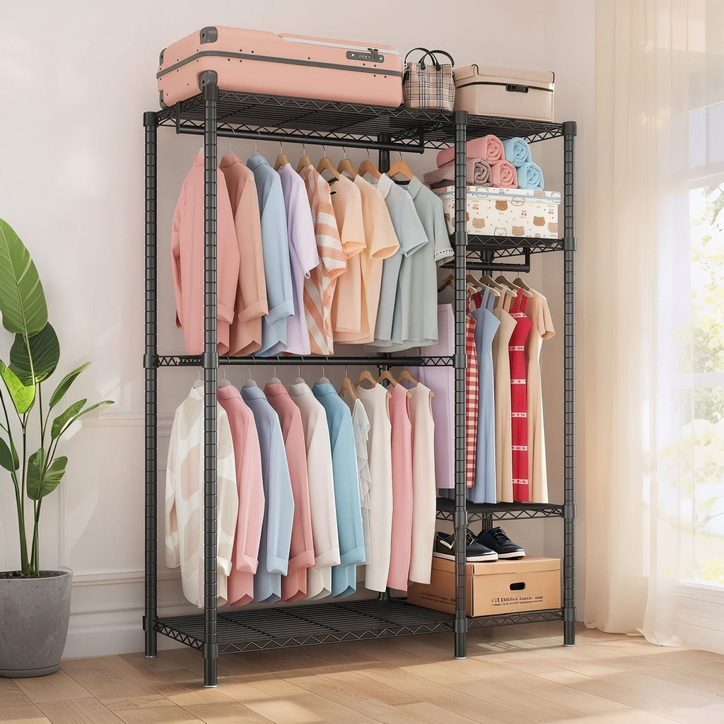 Freestanding Clothes Rack With 6 Adjustable Wire Shelves And 3 Garment Rails - Black