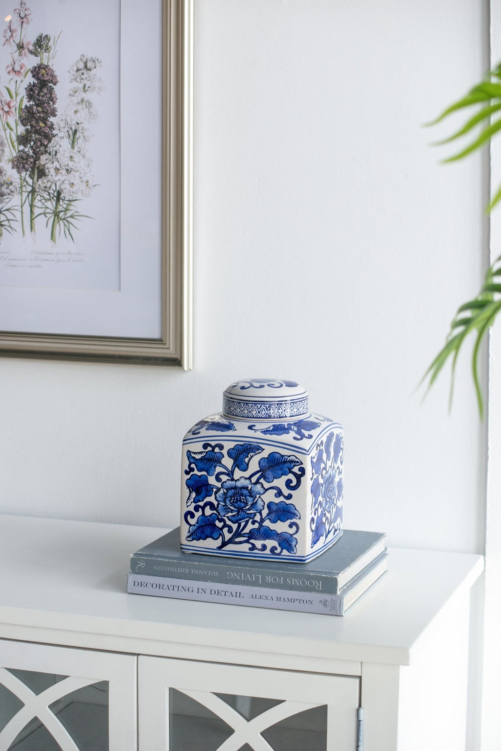 5x5x8' Hand Painted Square Canister with Blue and White Floral Pattern