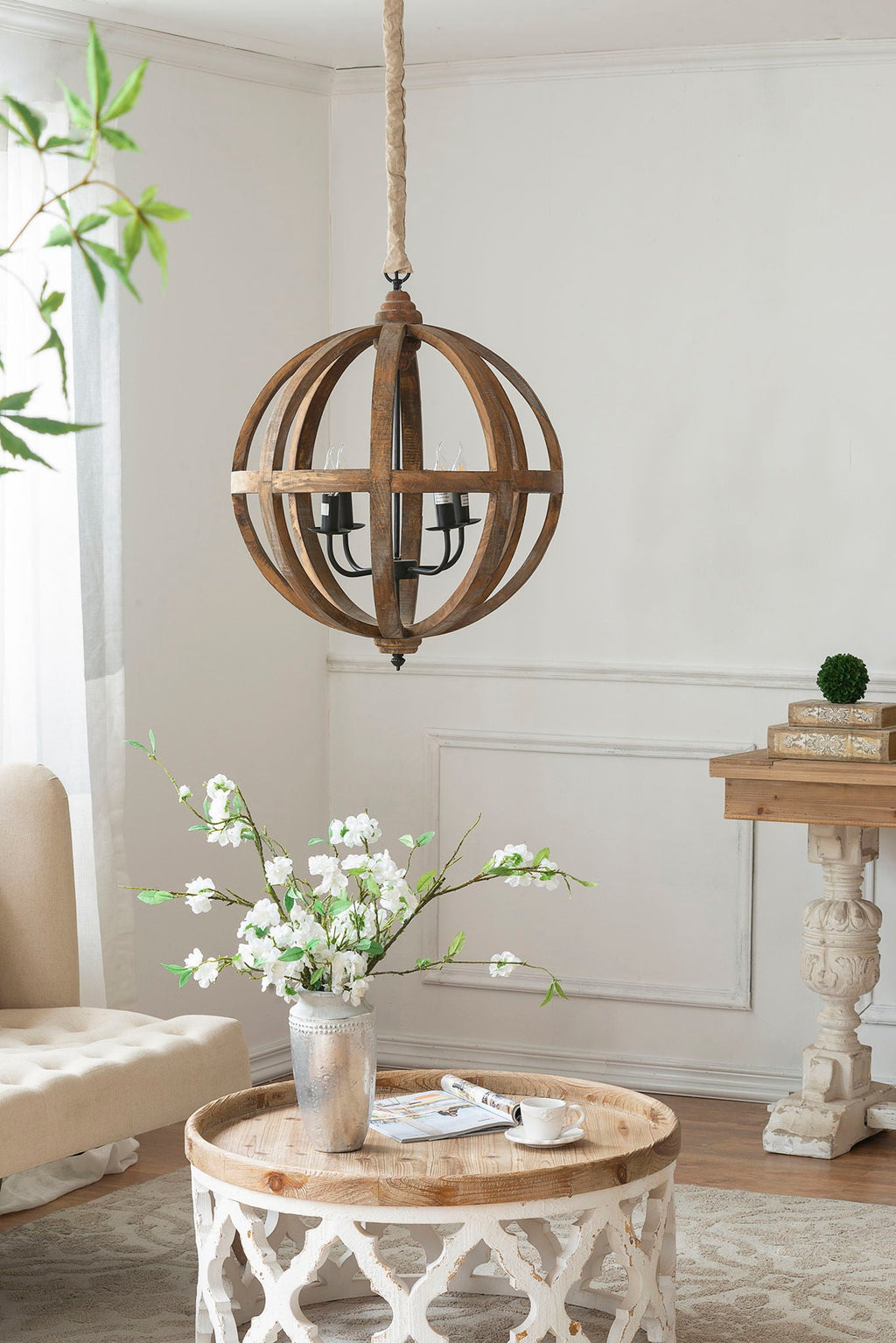 4 Light Wood Chandelier, Hanging Light Fixture With Adjustable Chain For Kitchen, Bulb Not Included - Brown
