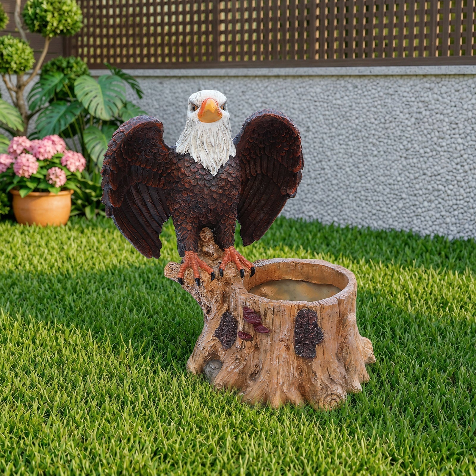 Majestic Eagle Garden Planter Pot on Tree Stump Base