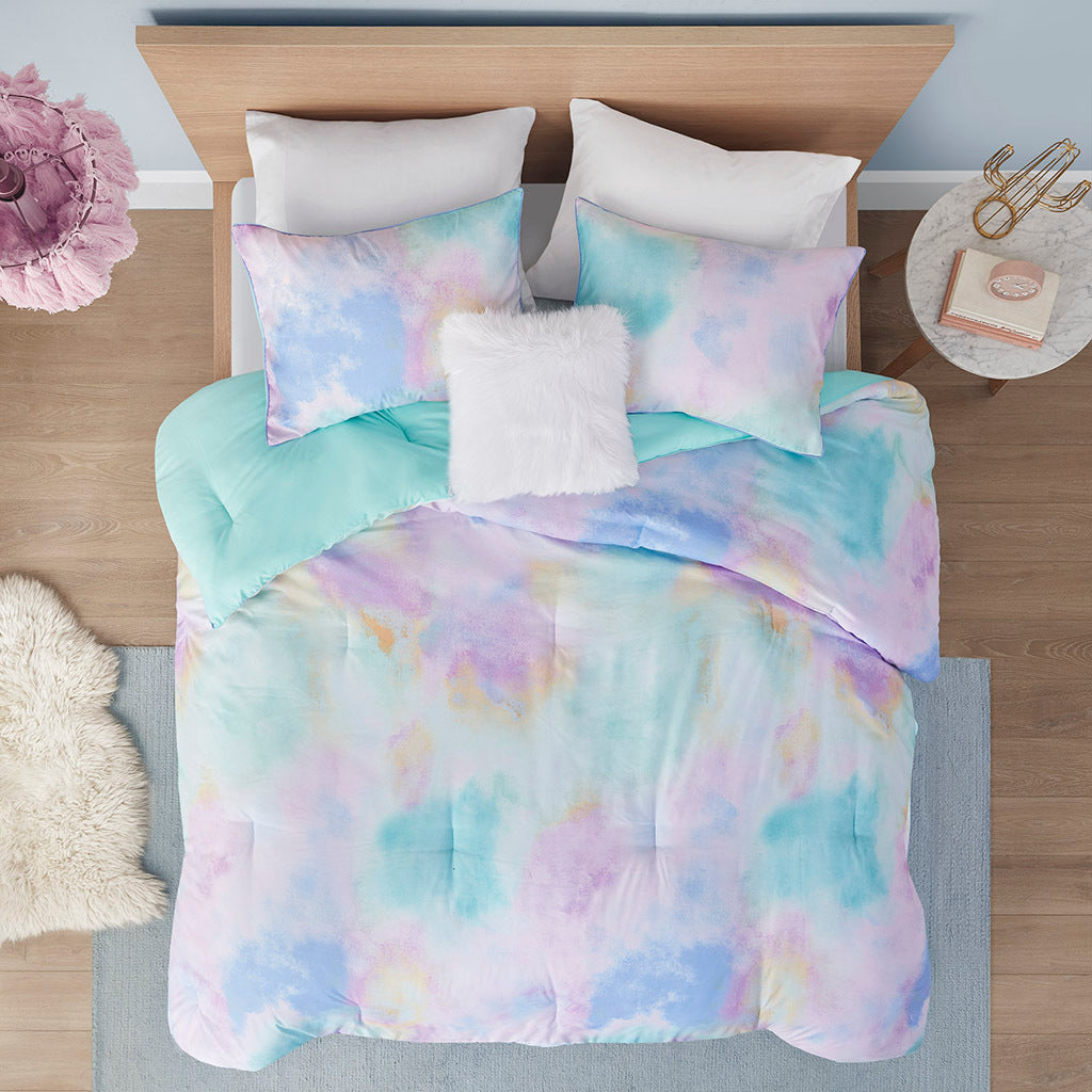 Full/Queen Watercolor Tie Dye Printed Comforter Set with Throw Pillow