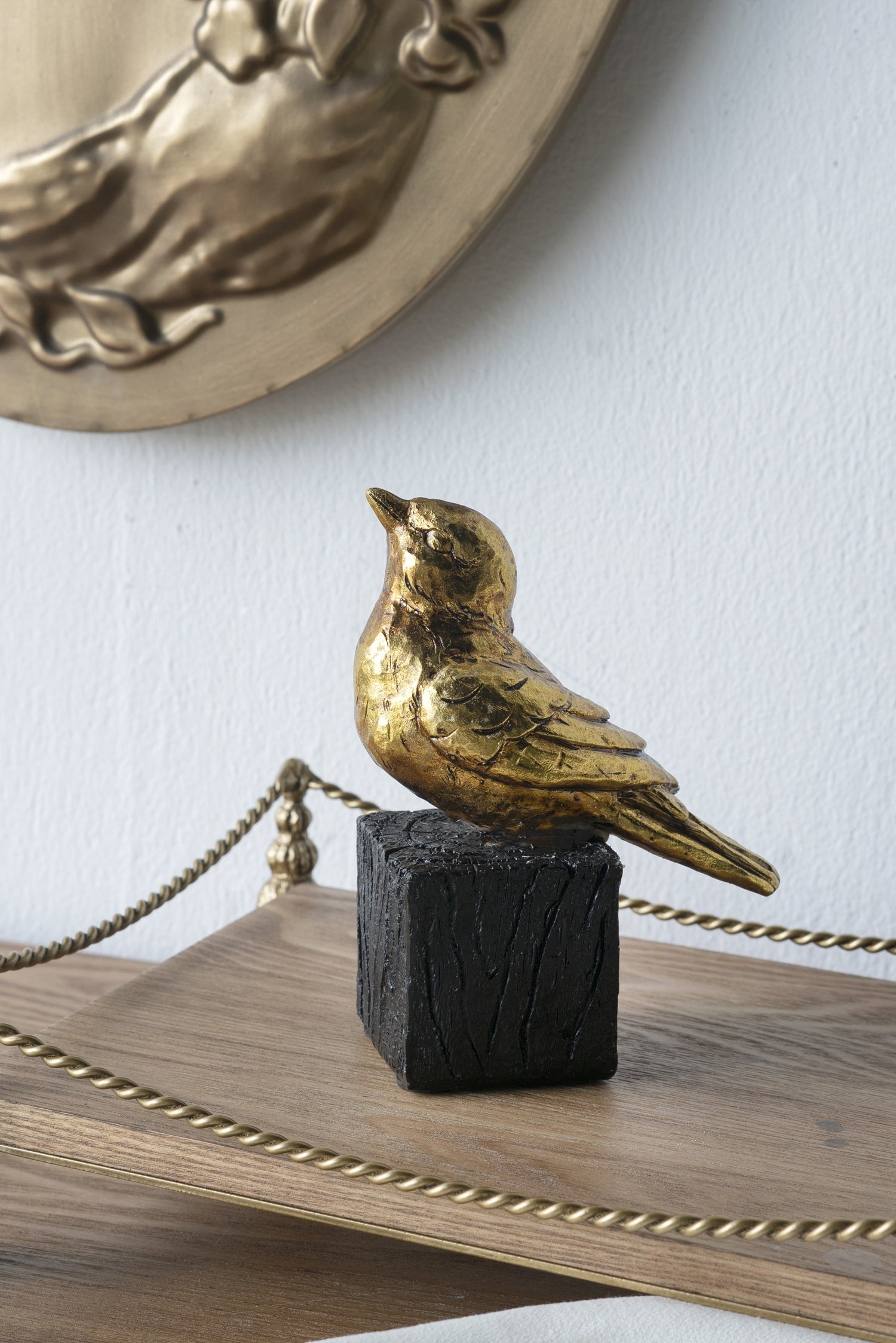 Gold Resin Songbird Sculpture On Black Faux Branch
