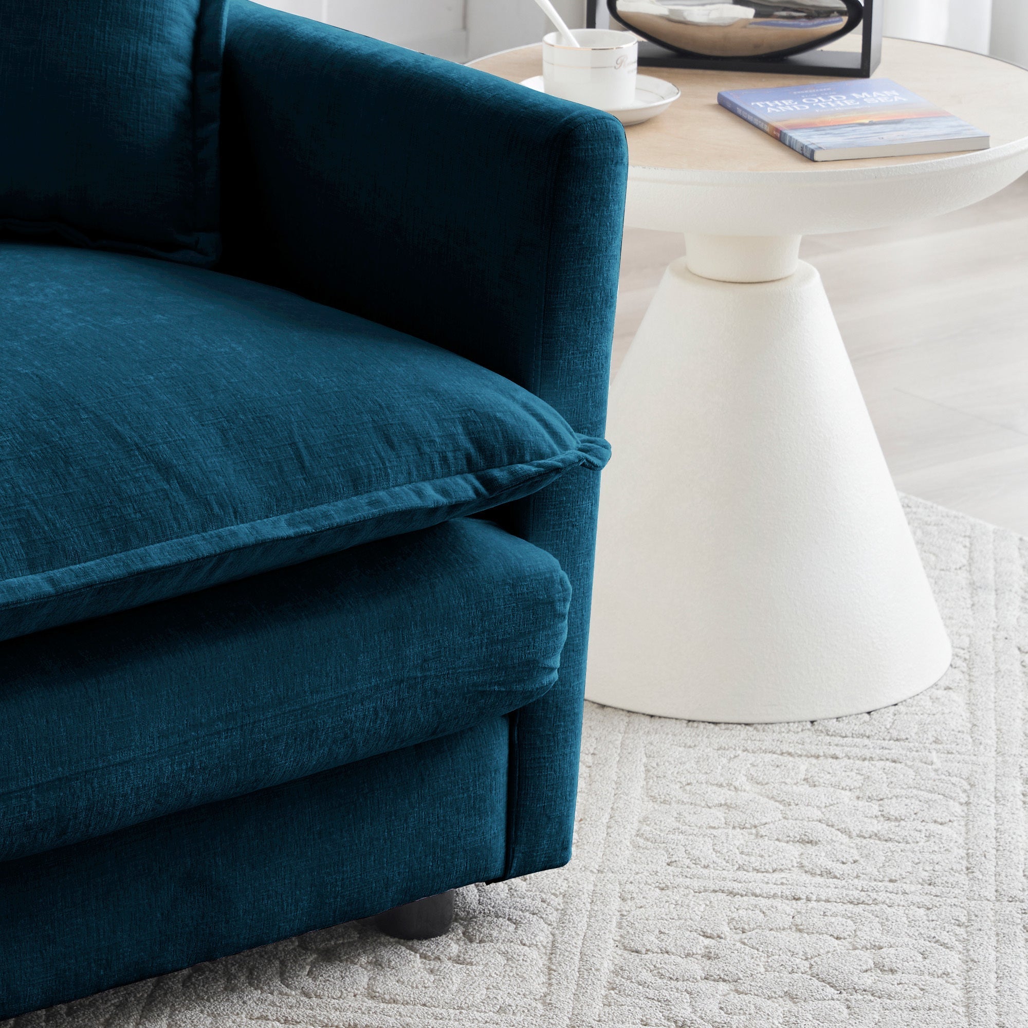 Comfy Deep Single Seat Sofa Upholstered Reading Armchair in Blue Chenille Fabric