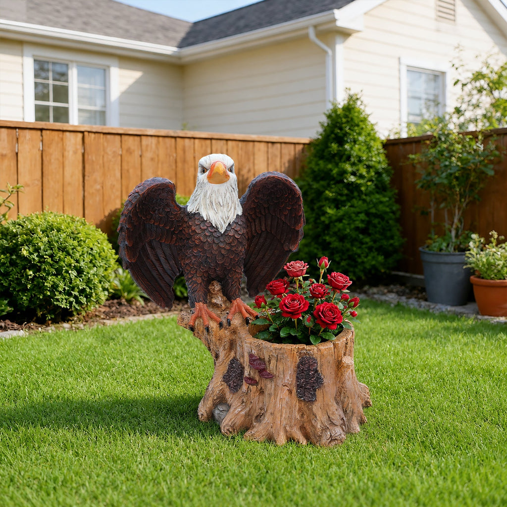 Majestic Eagle Garden Planter Pot on Tree Stump Base
