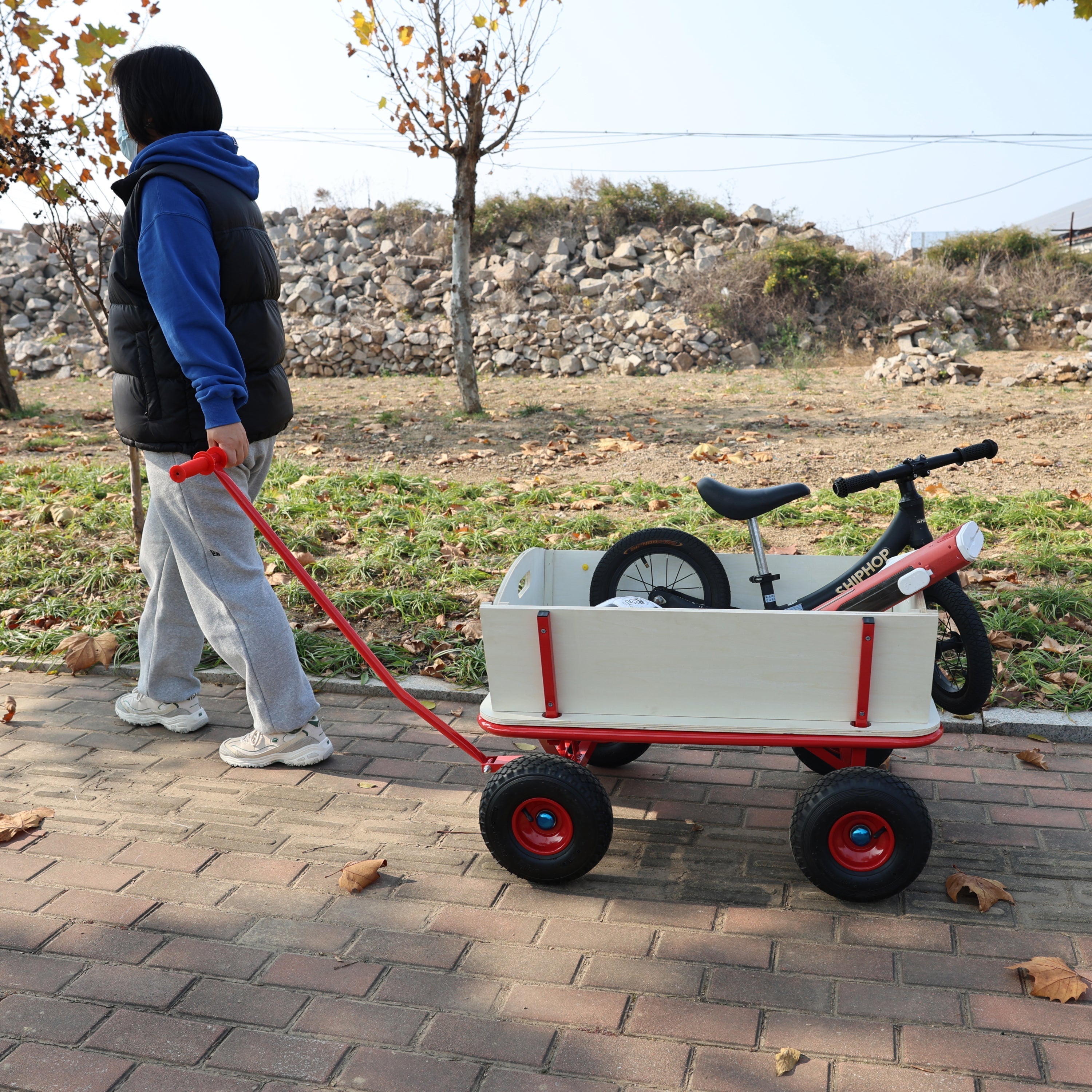 Wooden Children's Outdoor Stroller with Four-Wheel Design