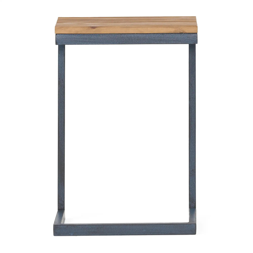 C Shaped End Table With Iron Base And Fir Wood Top