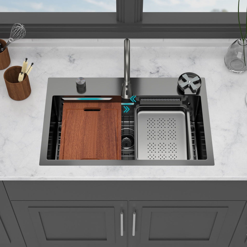 Drop In Waterfall Kitchen Sink With Pull-Out Faucet & Cup Washer