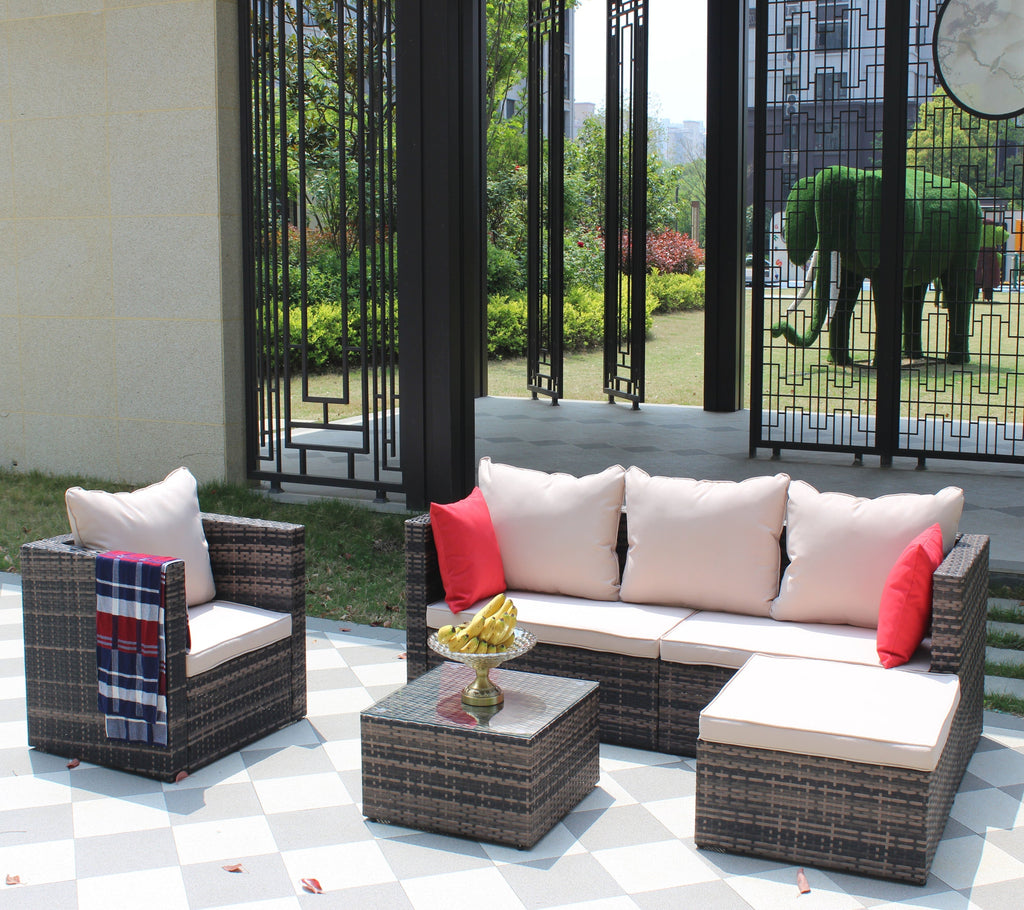 Rattan Patio Furniture Set Wicker Sofa Cushioned Sectional (4 Pieces, Brown)