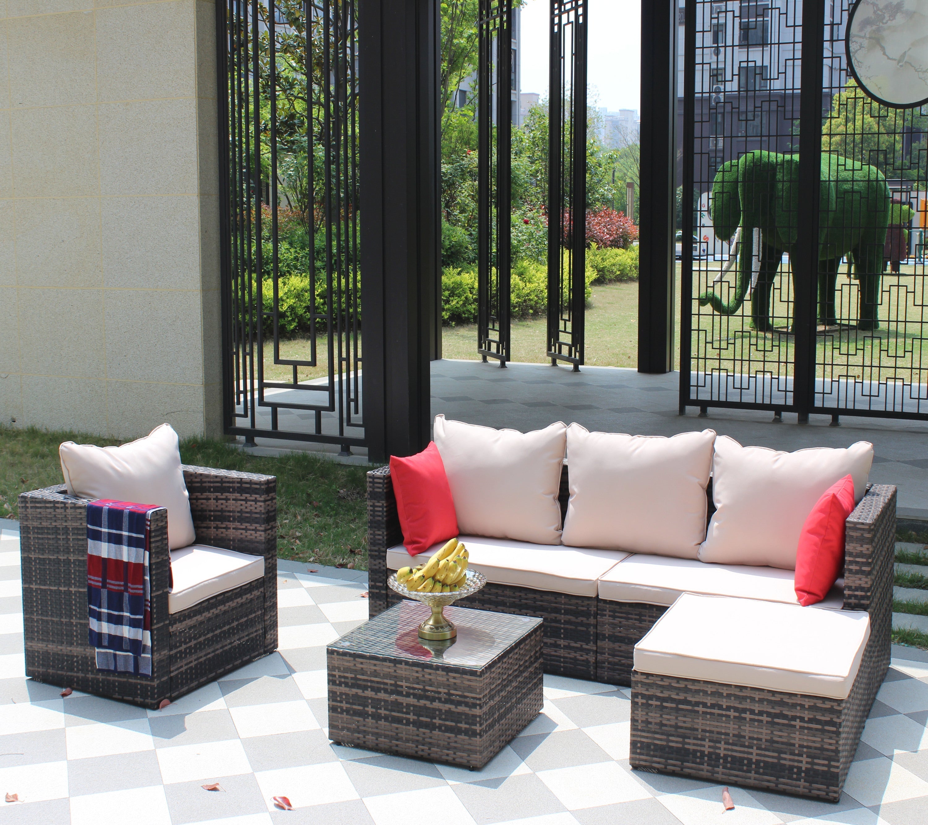 Rattan Patio Furniture Set Wicker Sofa Cushioned Sectional (4 Pieces, Brown)