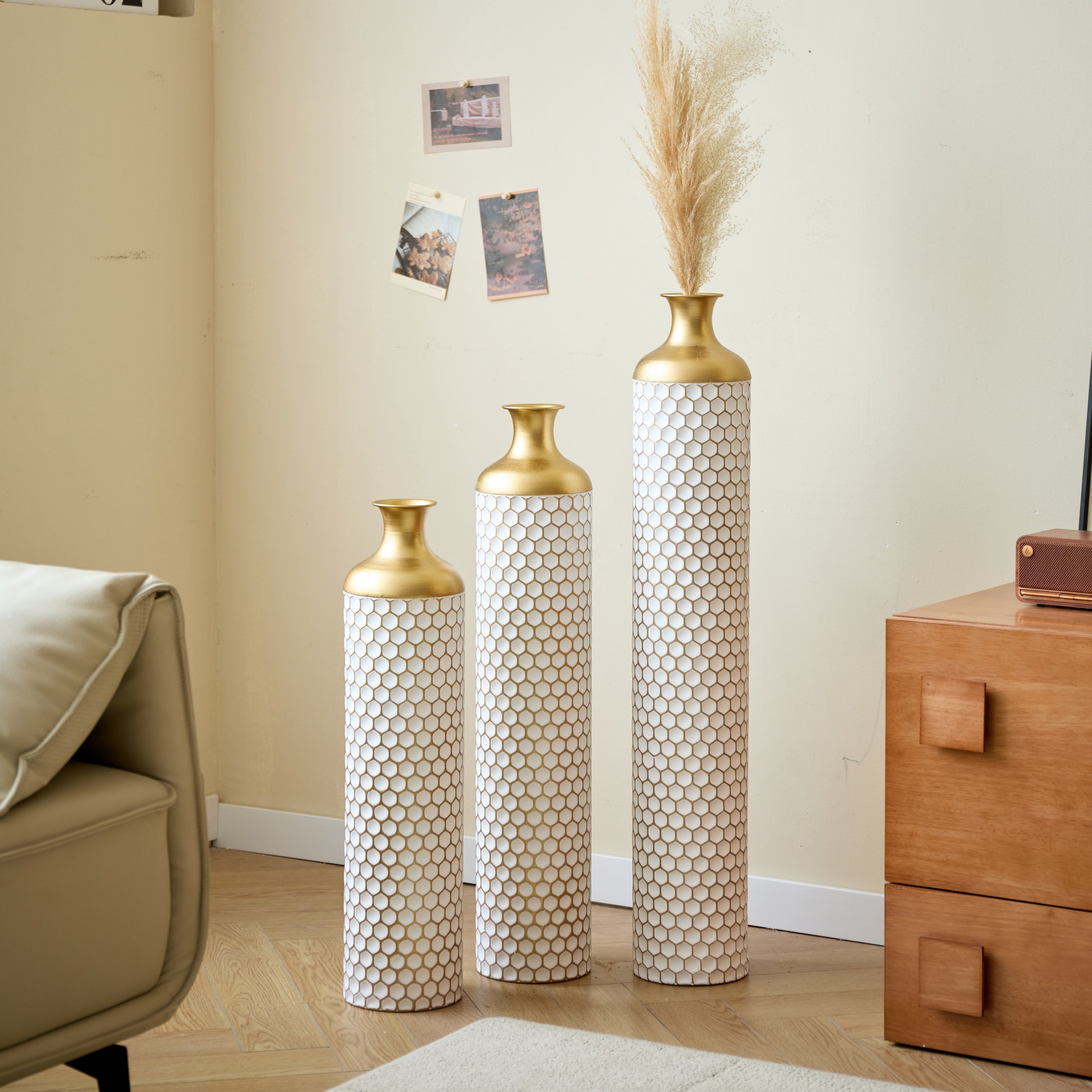 3-Piece Modern Metal Vase Set - White & Gold