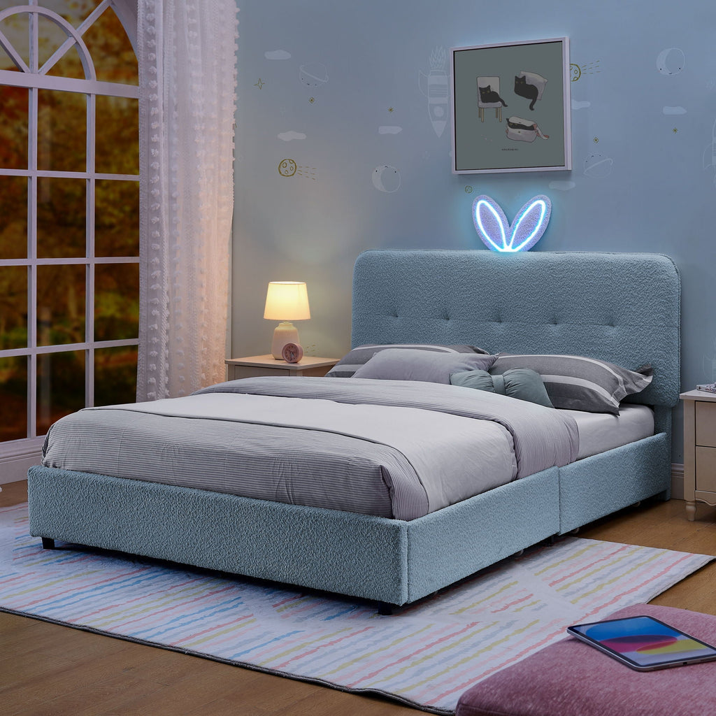 Upholstered Bed With Oversized Rabbit Ear Headboard, LED Lights & 4 Storage Drawers