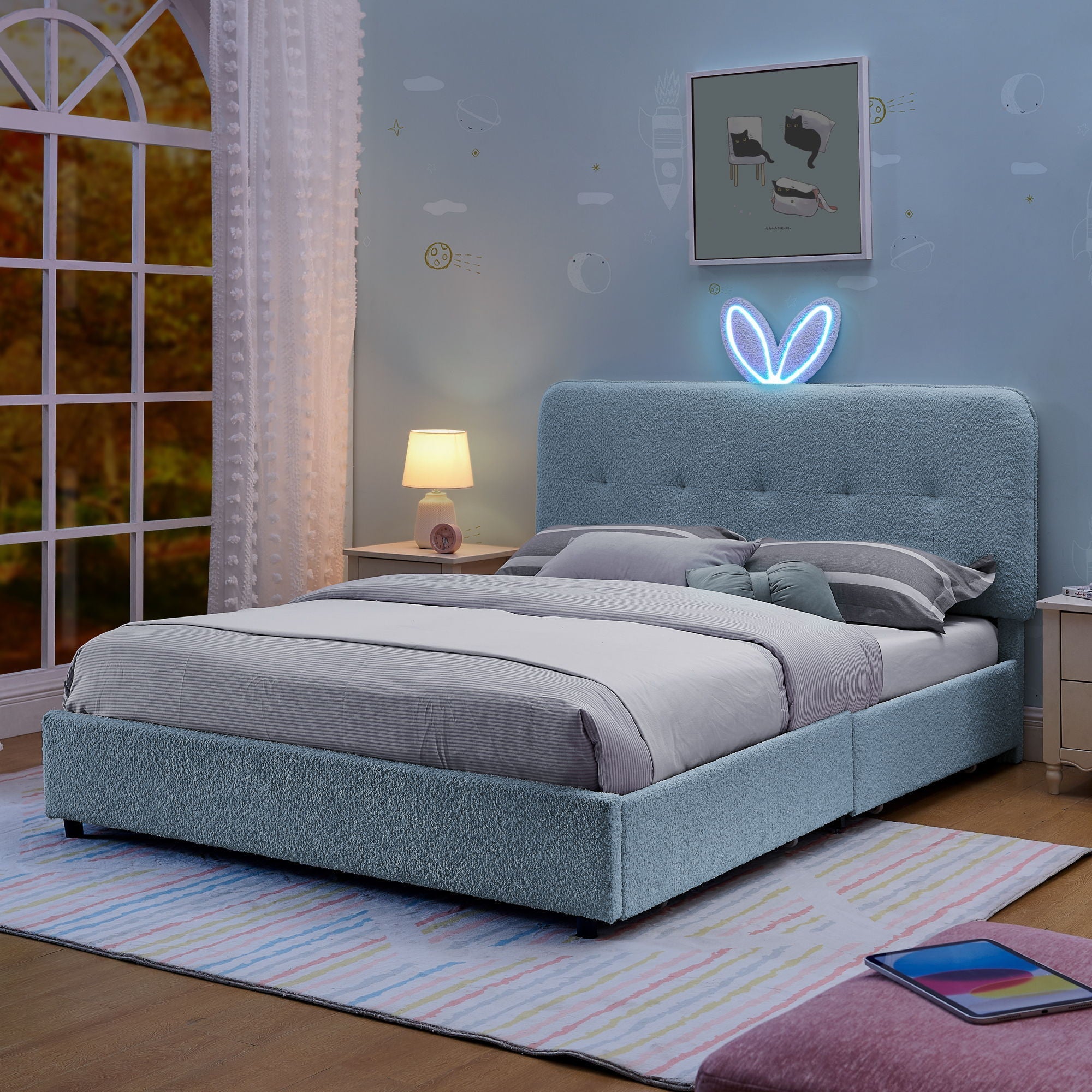 Upholstered Bed With Oversized Rabbit Ear Headboard, LED Lights & 4 Storage Drawers