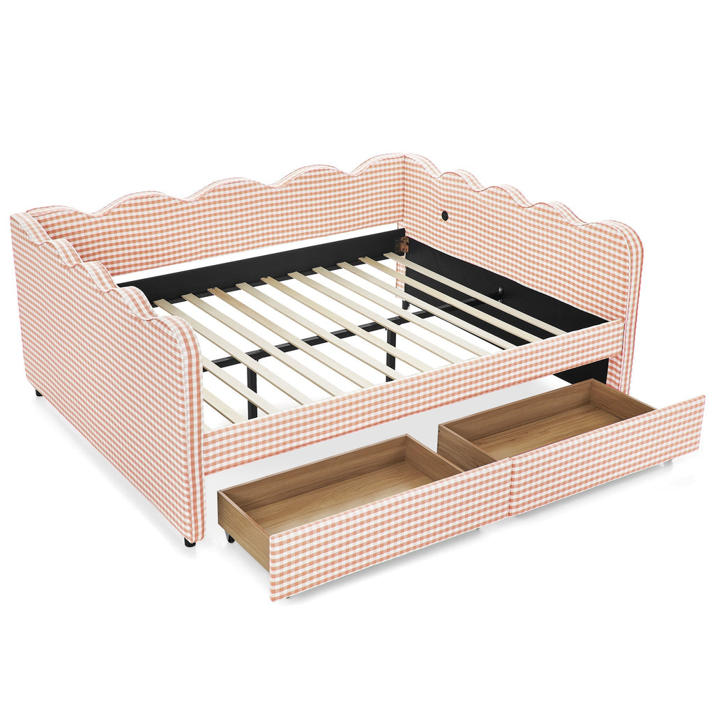 Queen Size Cozy Gingham Daybed with Two Storage Drawers and USB Port