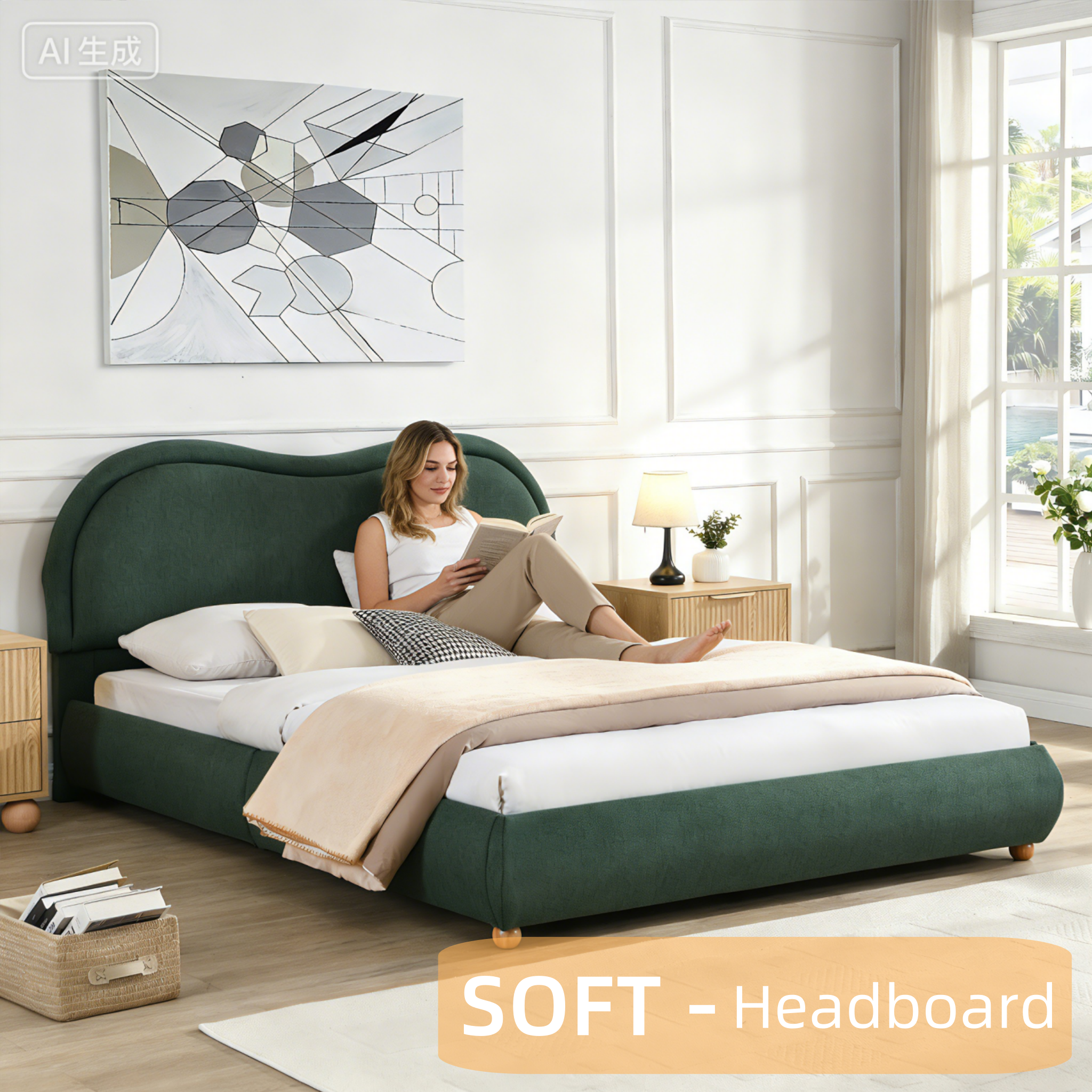 Queen Size Upholstered Platform Bed Frame with Rounded Corners Curved Headboard