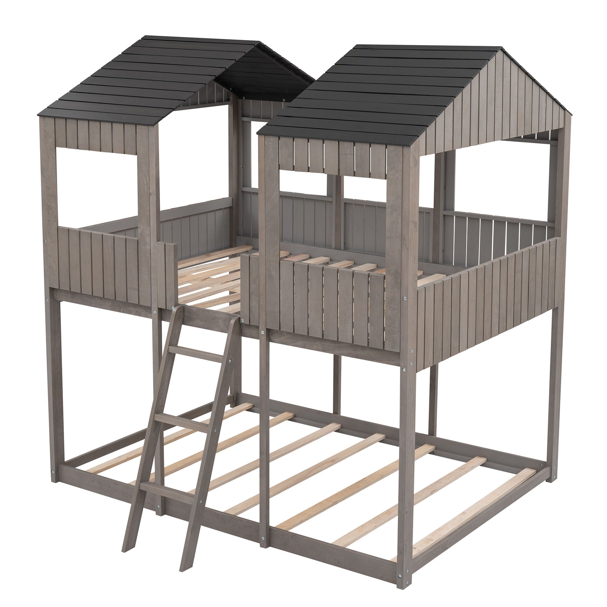 Bunk Bed With Roof, Window, Guardrail, Ladder