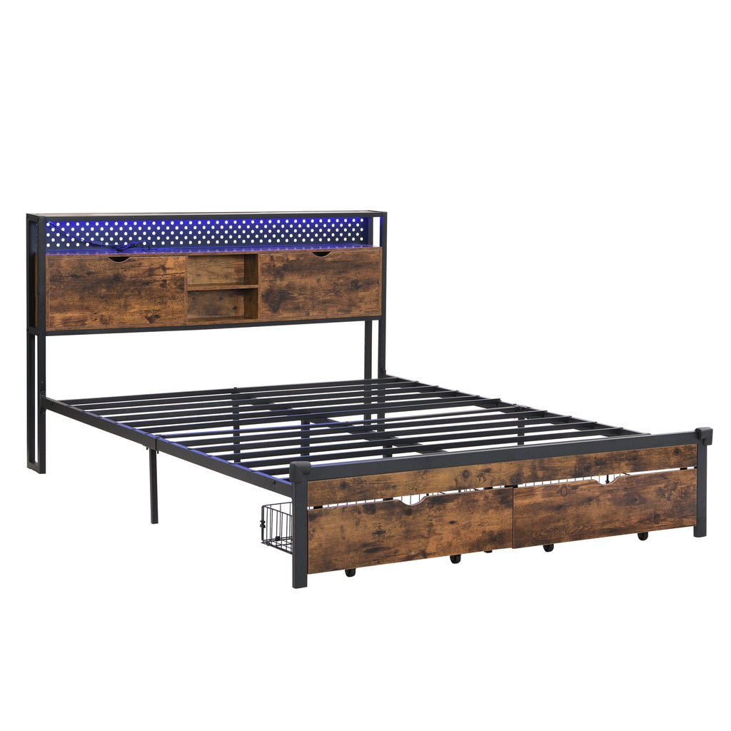 Modern Platform Bed with USB Charging Station, 2 Drawers, and LED Lights