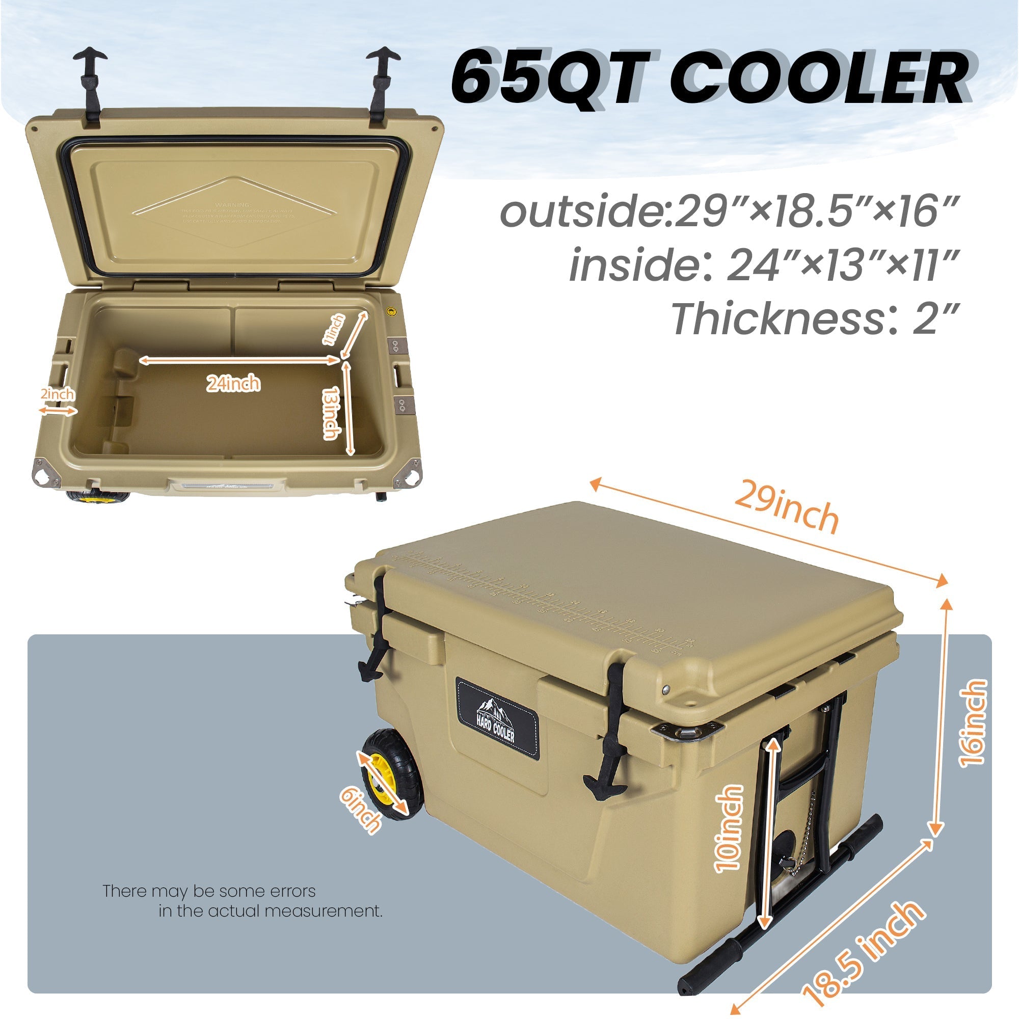 65 Quart Khaki Cooler, Ultra-Tough Hard Shell Ice Chest