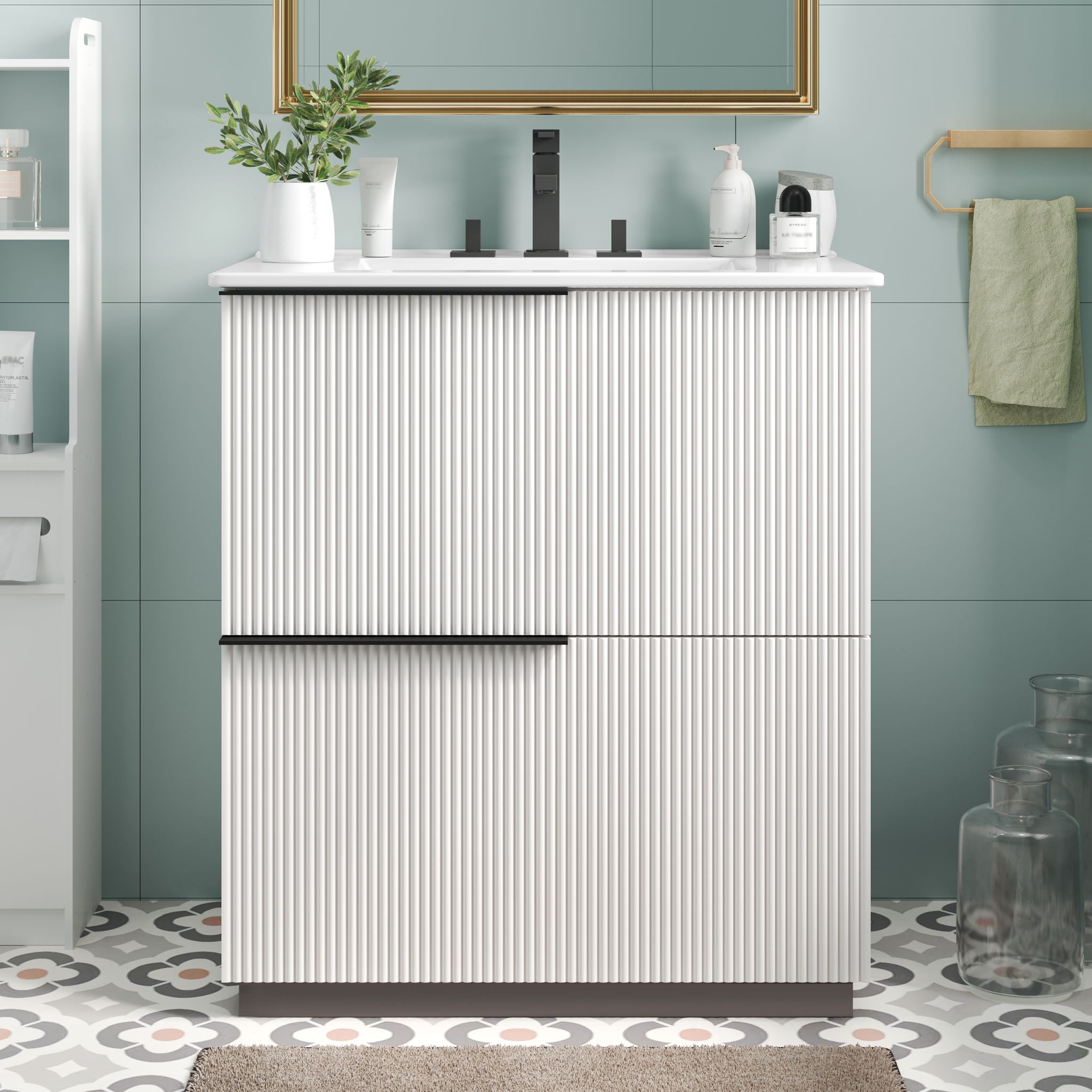 Fluted Bathroom Vanity With Ceramic Sink and Soft-Close Slides